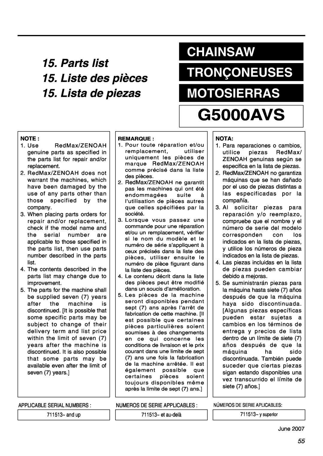 Zenoah G5000AVS manual Parts list, Liste des pièces, Lista de piezas, Chainsaw, Tronçoneuses, Motosierras 