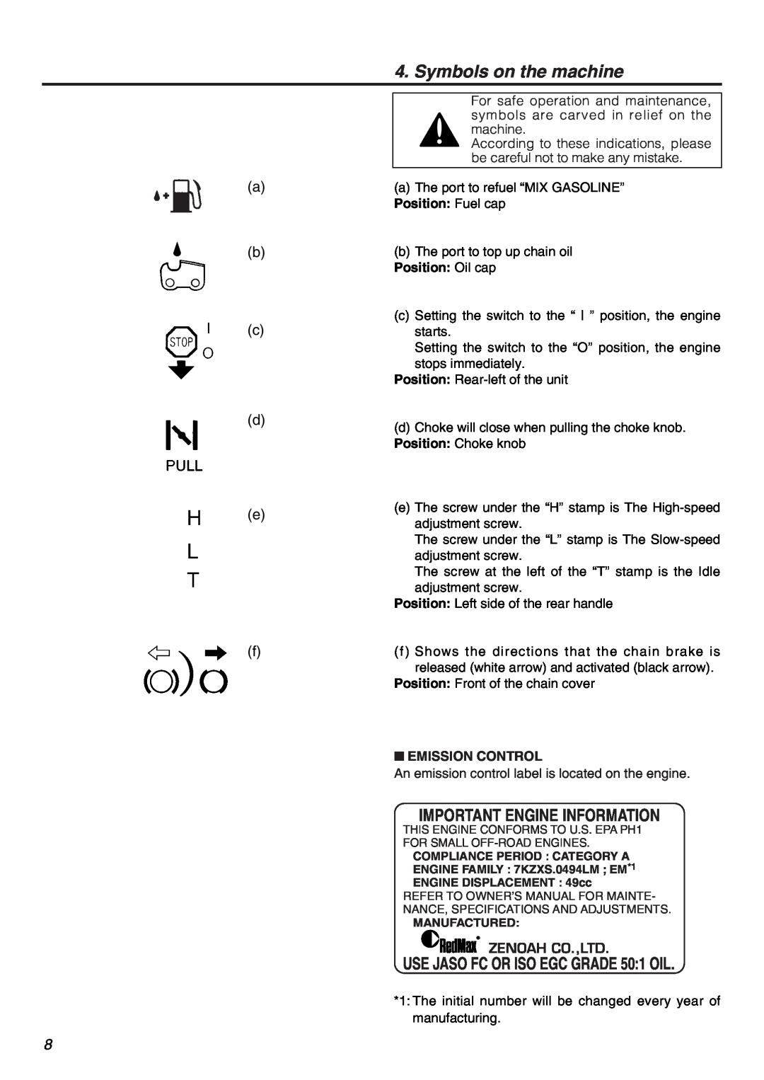 Zenoah G5000AVS manual Symbols on the machine, Important Engine Information 