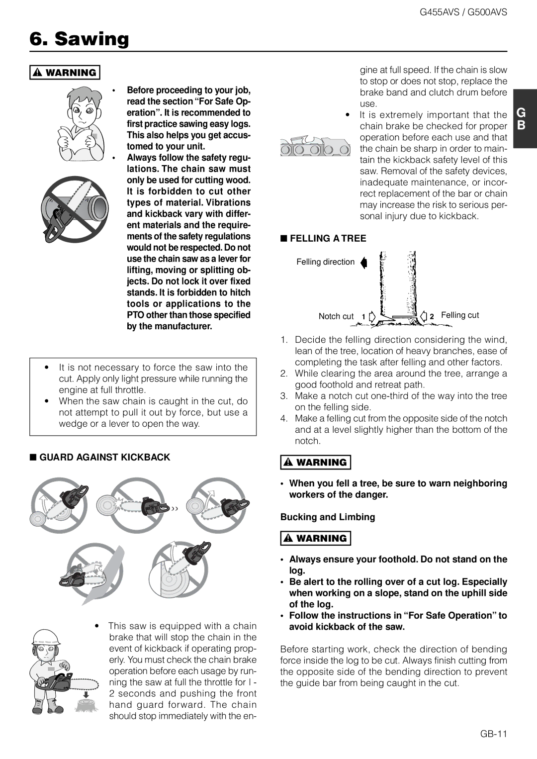 Zenoah G500AVS owner manual Sawing, Before proceeding to your job, Guard Against Kickback, Felling a Tree 