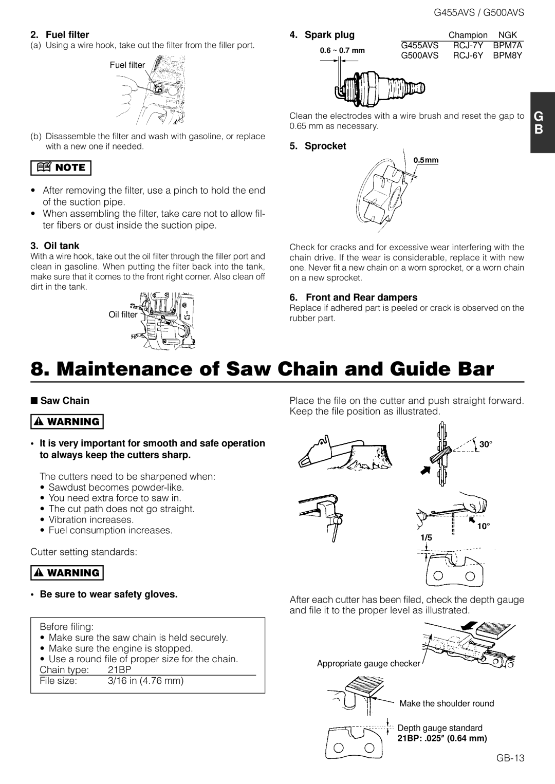 Zenoah G500AVS owner manual Maintenance of Saw Chain and Guide Bar 