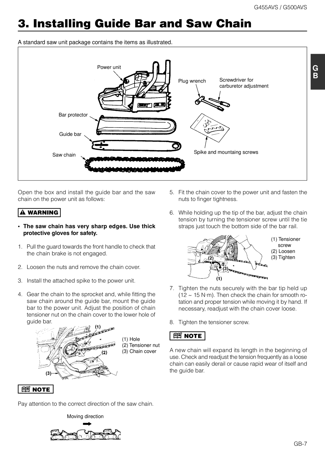 Zenoah G500AVS owner manual Installing Guide Bar and Saw Chain, Standard saw unit package contains the items as illustrated 