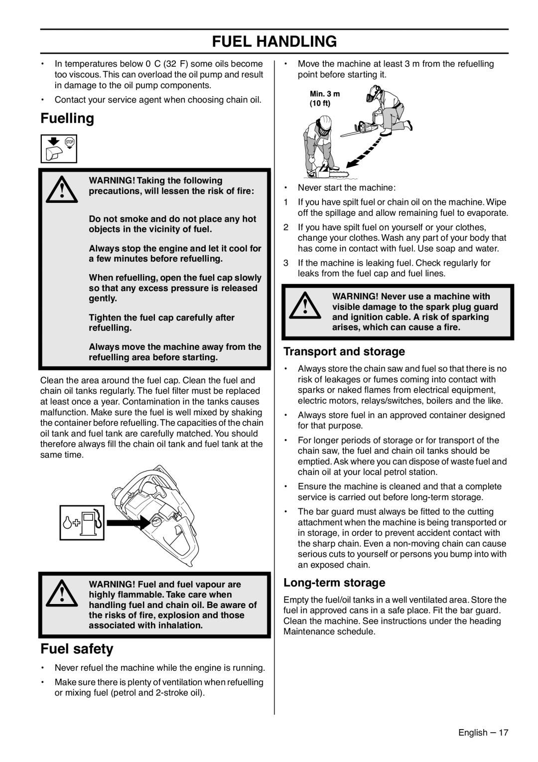 Zenoah G5300 manual Fuelling, Fuel safety, Transport and storage, Long-term storage 