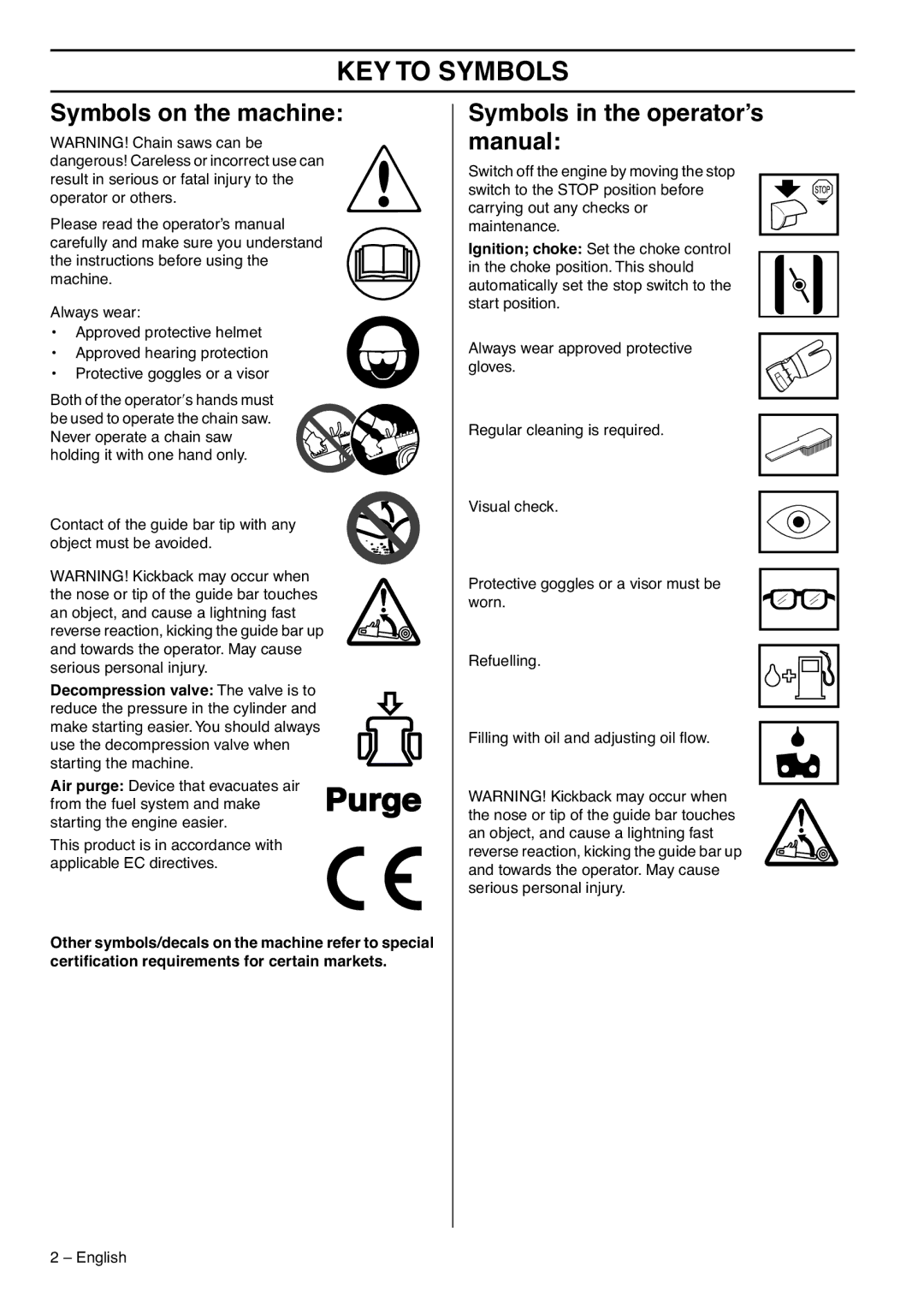 Zenoah G5300 KEY to Symbols, Symbols on the machine, Symbols in the operator’s manual 