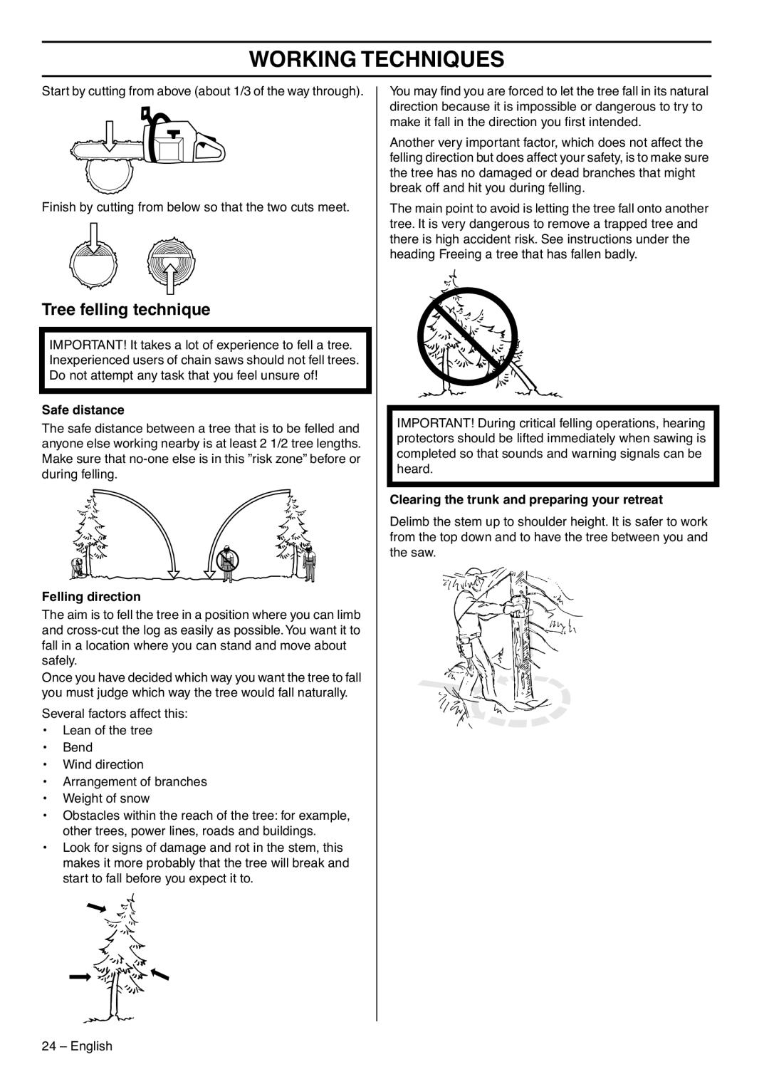 Zenoah G5300 manual Tree felling technique, Safe distance, Felling direction, Clearing the trunk and preparing your retreat 