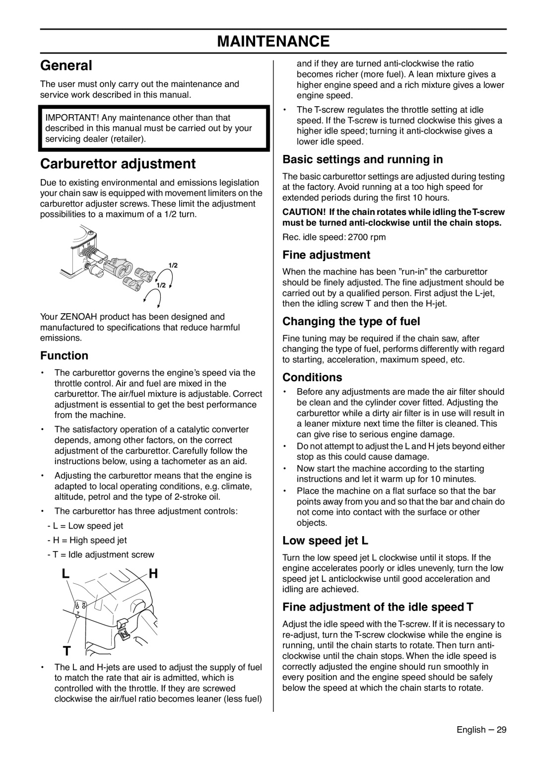 Zenoah G5300 manual Maintenance, General, Carburettor adjustment 