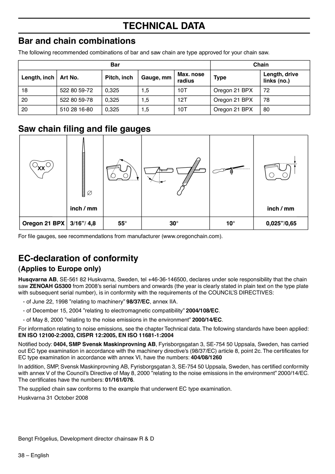 Zenoah G5300 manual Bar and chain combinations, Saw chain ﬁling and ﬁle gauges EC-declaration of conformity 