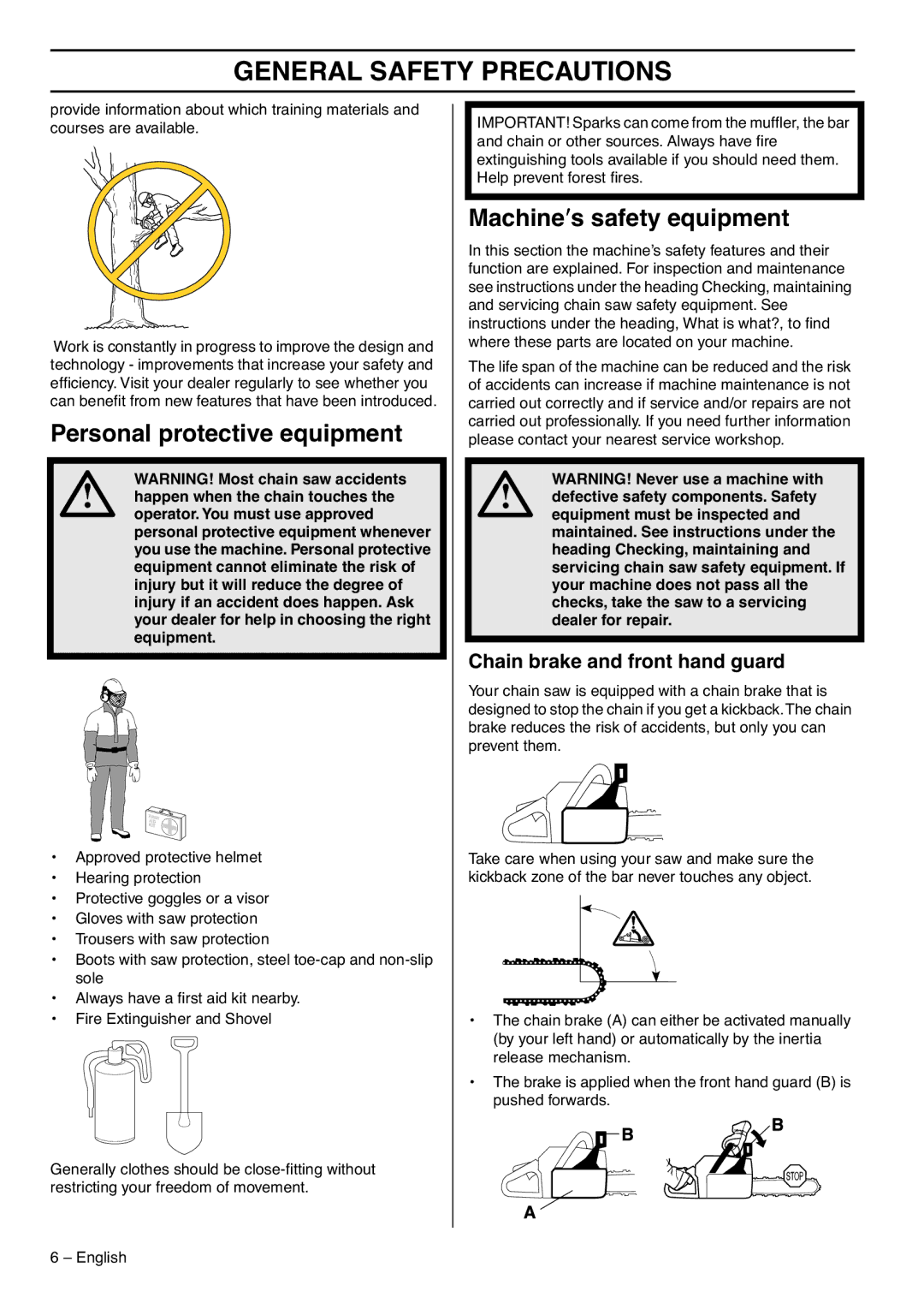 Zenoah G5300 manual Personal protective equipment, Machine′s safety equipment, Chain brake and front hand guard 