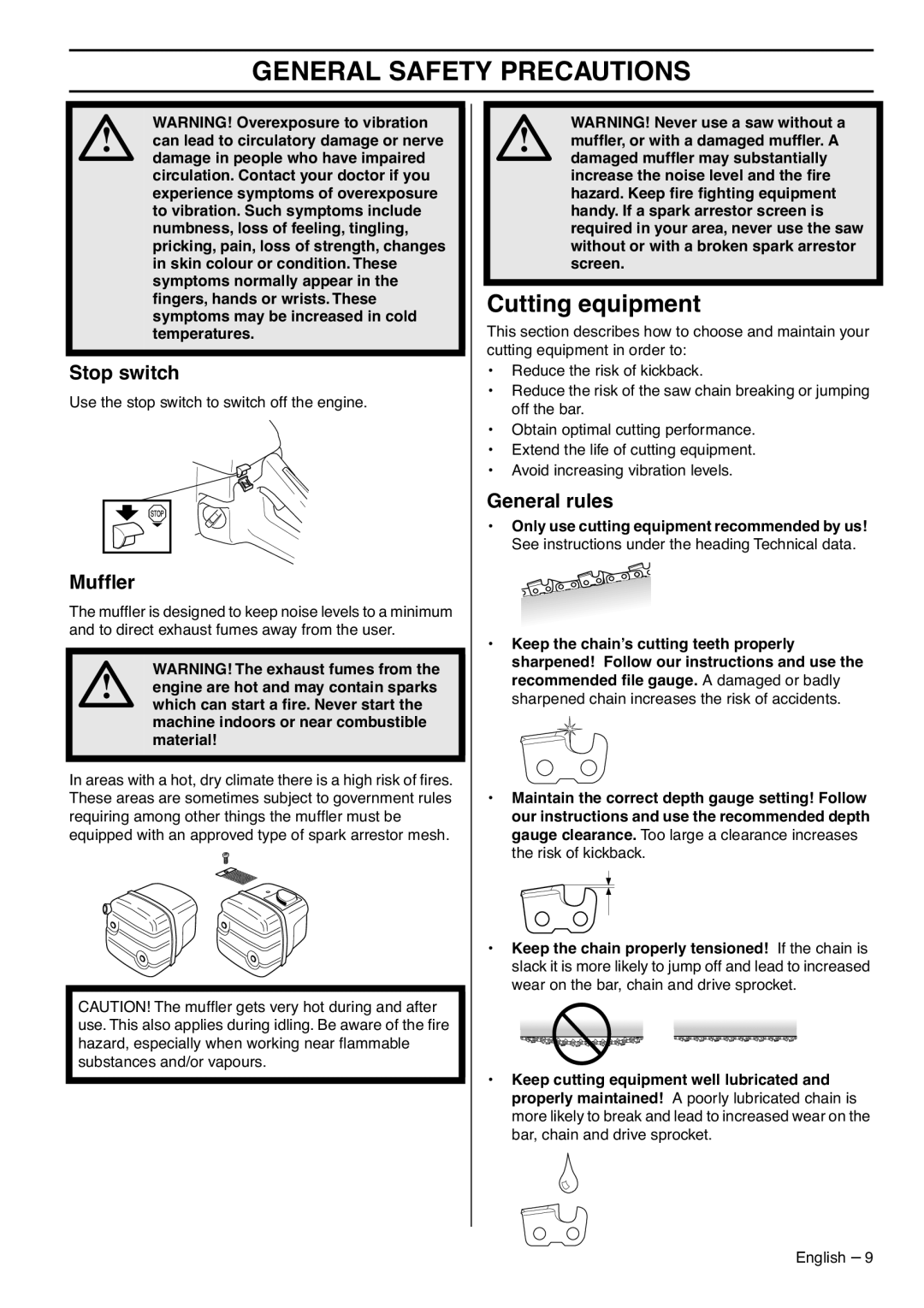 Zenoah G5300 manual Cutting equipment, Stop switch, Mufﬂer, General rules 