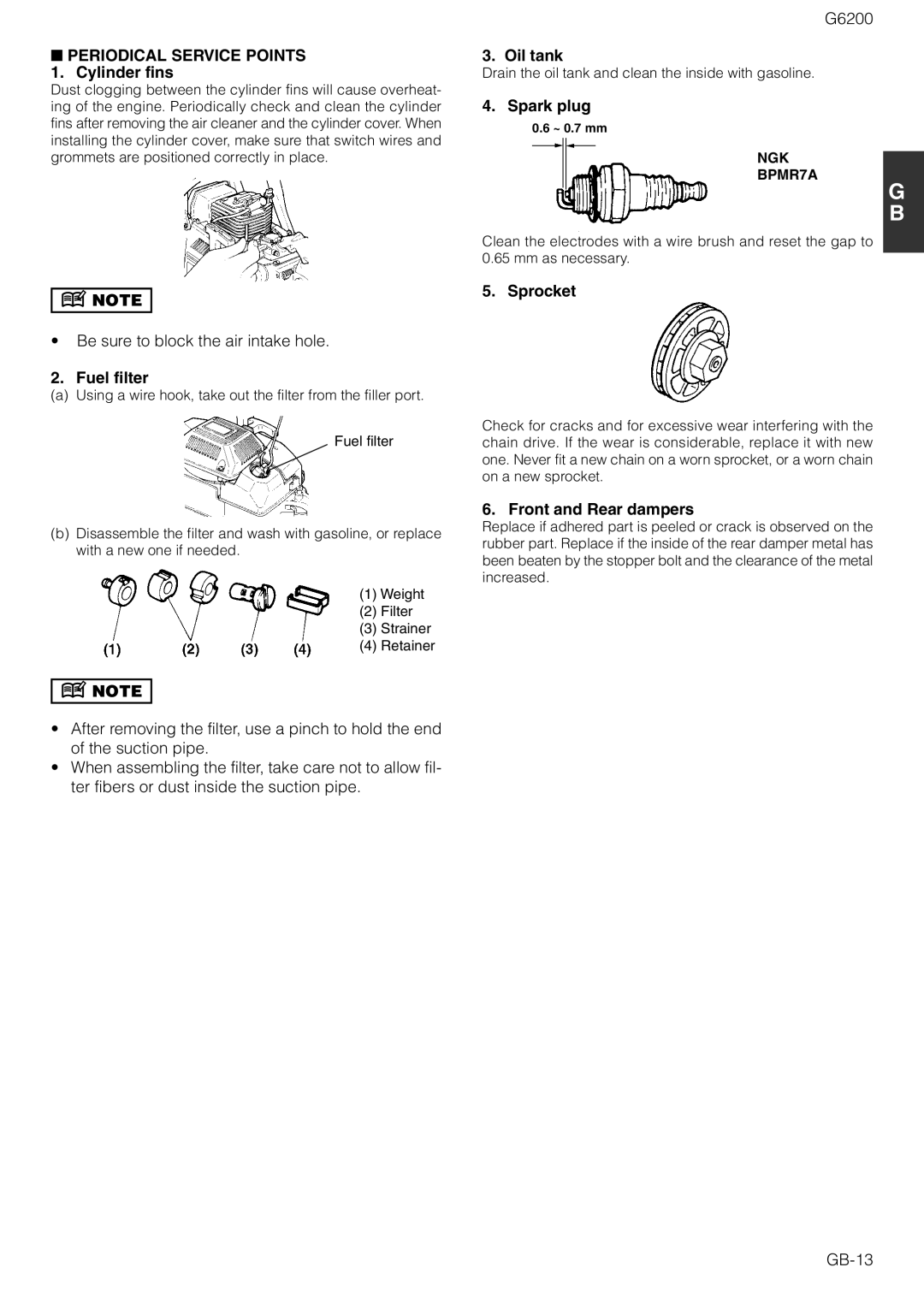 Zenoah G6200 owner manual Periodical Service Points 1. Cylinder fins, Fuel filter, Oil tank, Spark plug, Sprocket 