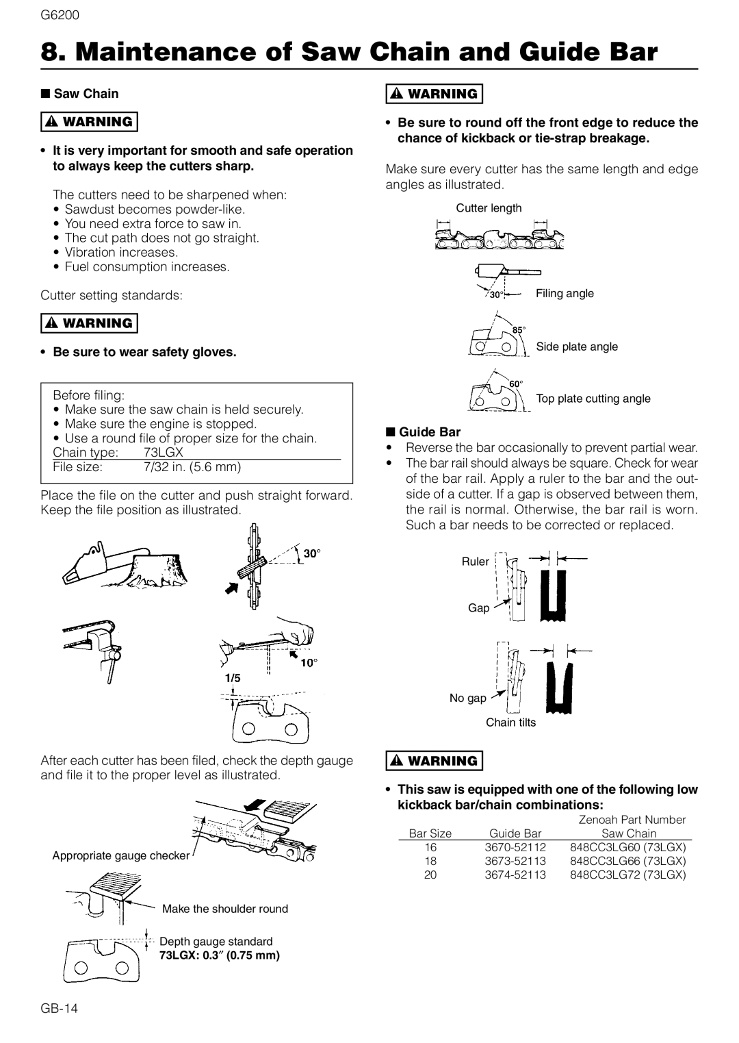 Zenoah G6200 owner manual Maintenance of Saw Chain and Guide Bar, Be sure to wear safety gloves, GB-14 