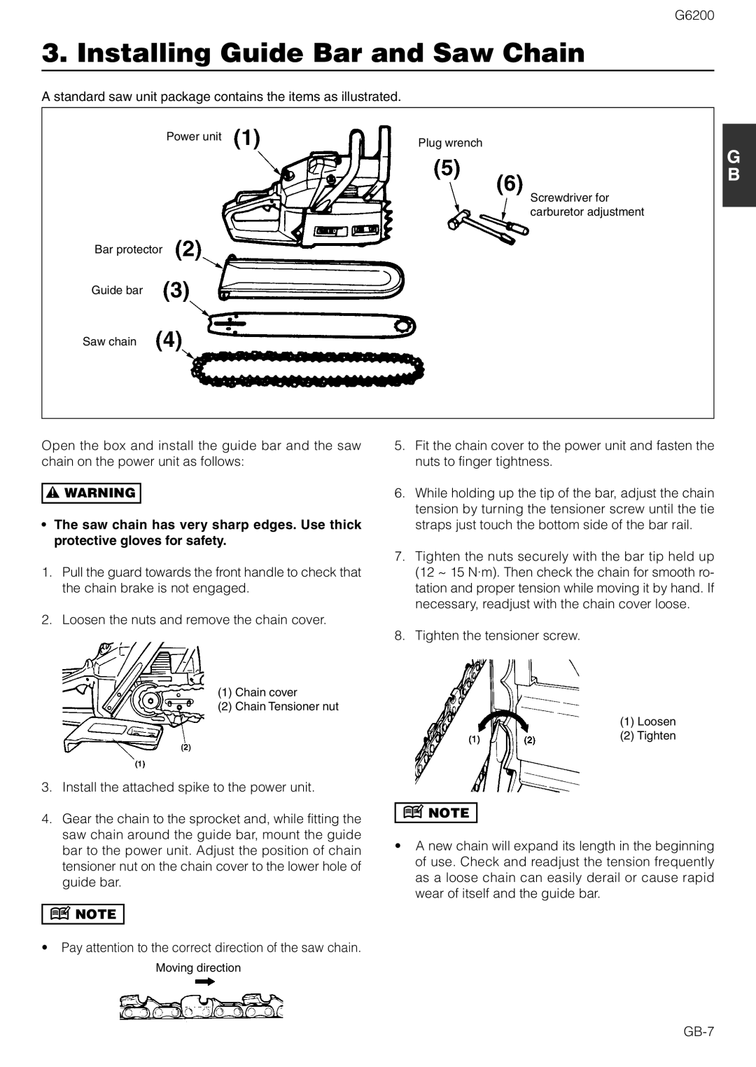 Zenoah G6200 owner manual Installing Guide Bar and Saw Chain, Standard saw unit package contains the items as illustrated 