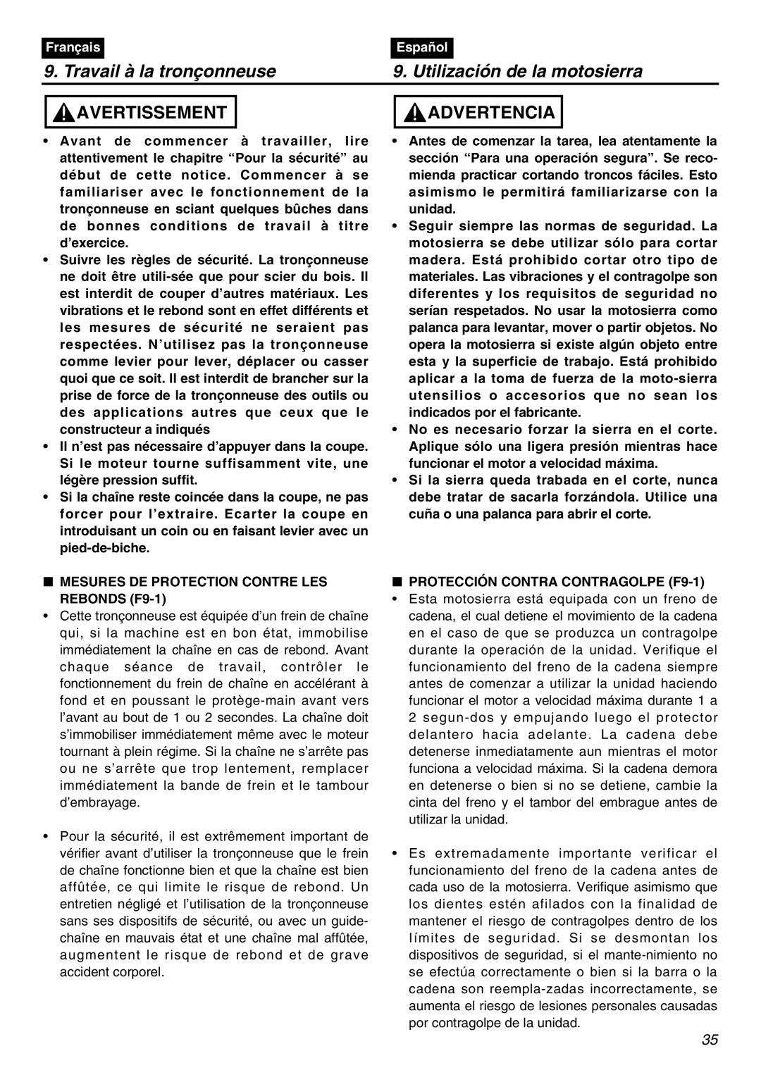 Zenoah G621AVS manual Mesures DE Protection Contre LES Rebonds F9-1, Protección Contra Contragolpe F9-1 