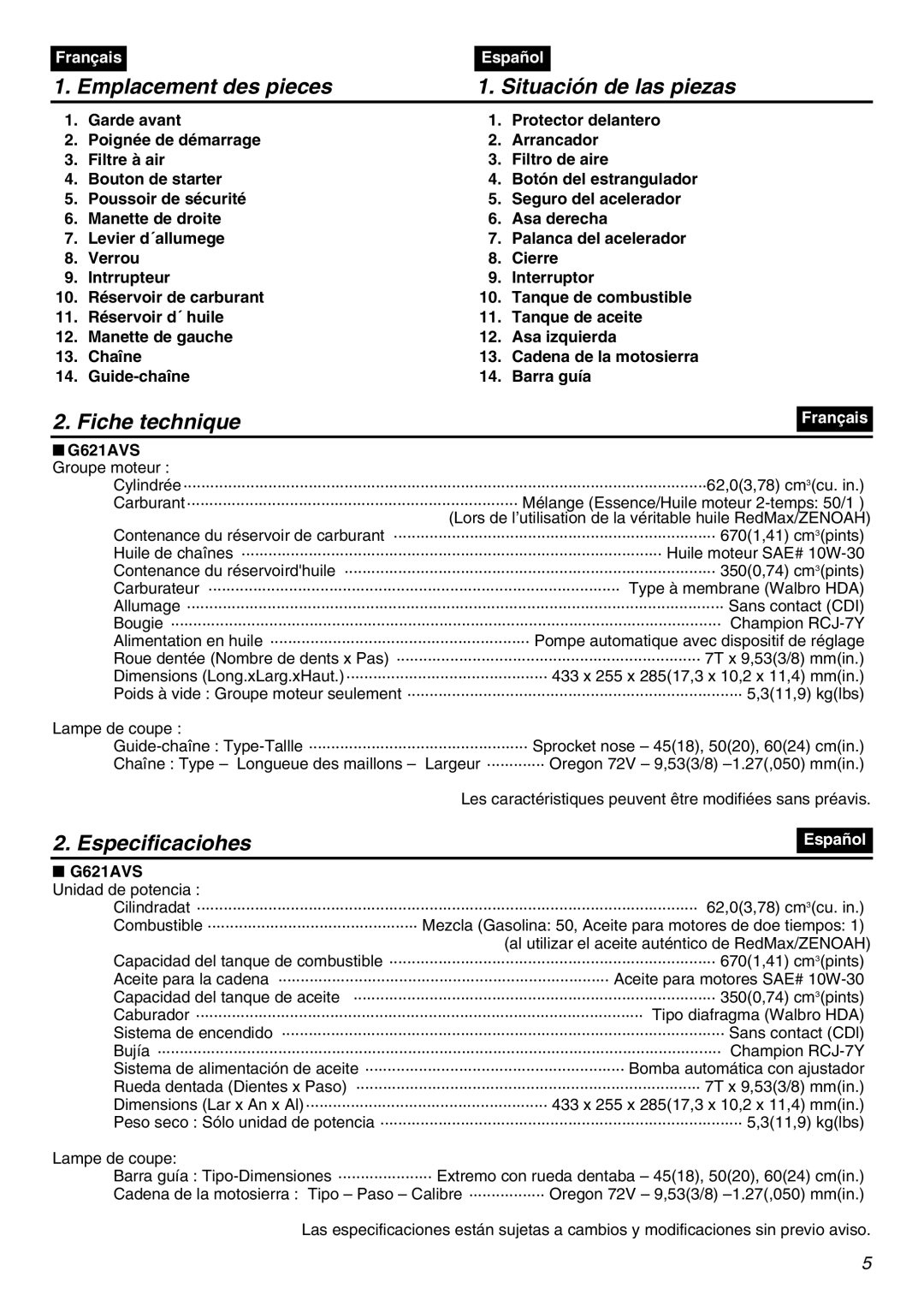 Zenoah manual Emplacement des pieces Situación de las piezas, Fiche technique, Especificaciohes, G621AVS Groupe moteur 