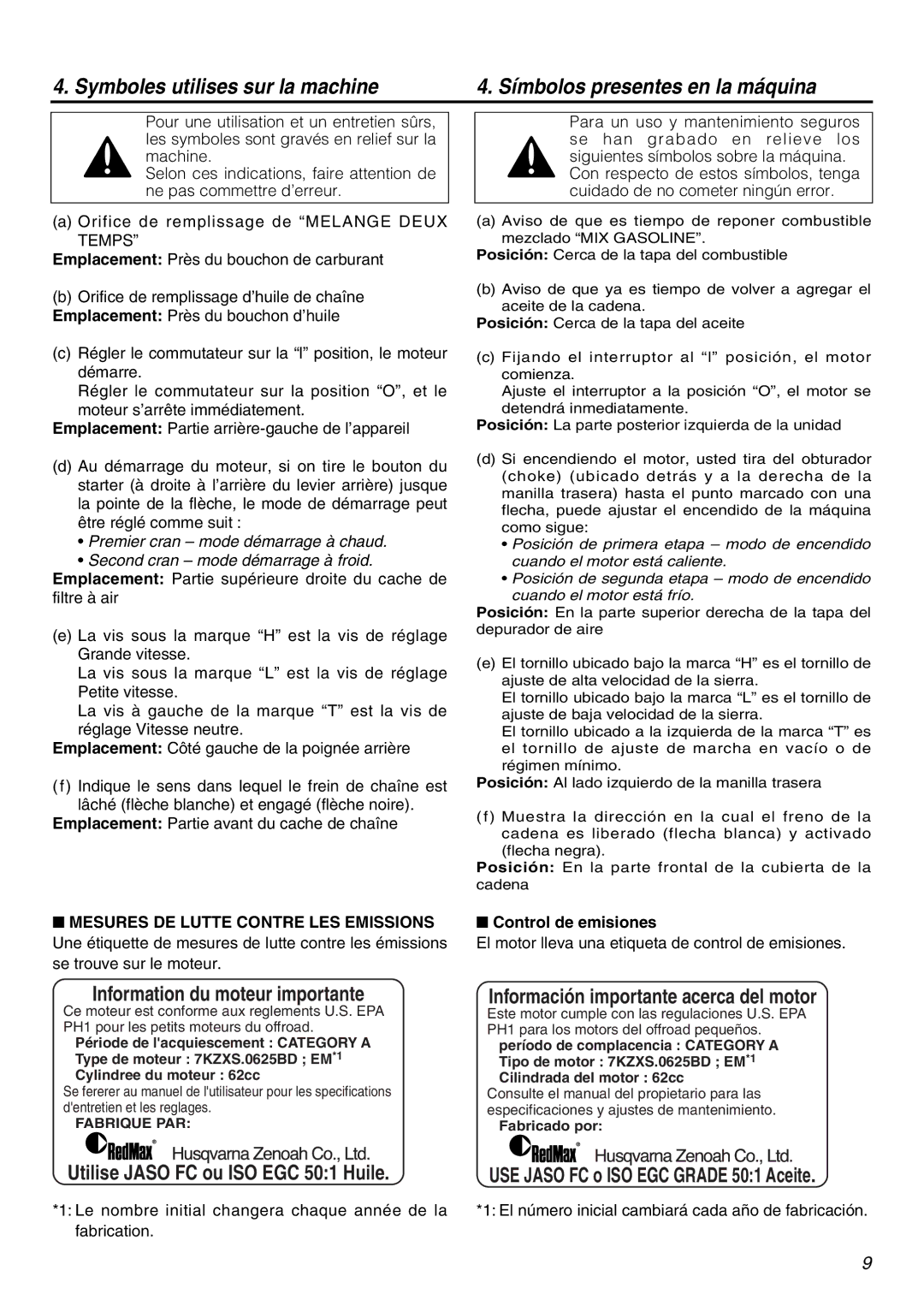 Zenoah G621AVS manual Information du moteur importante, Control de emisiones 