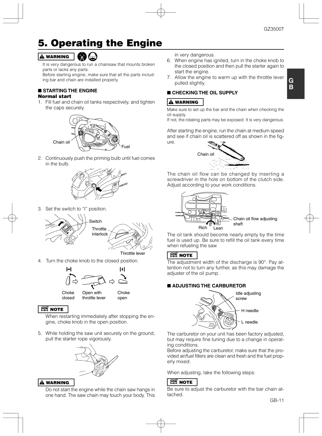 Zenoah GZ3500T Operating the Engine, Starting the Engine Normal start, Turn the choke knob to the closed position 