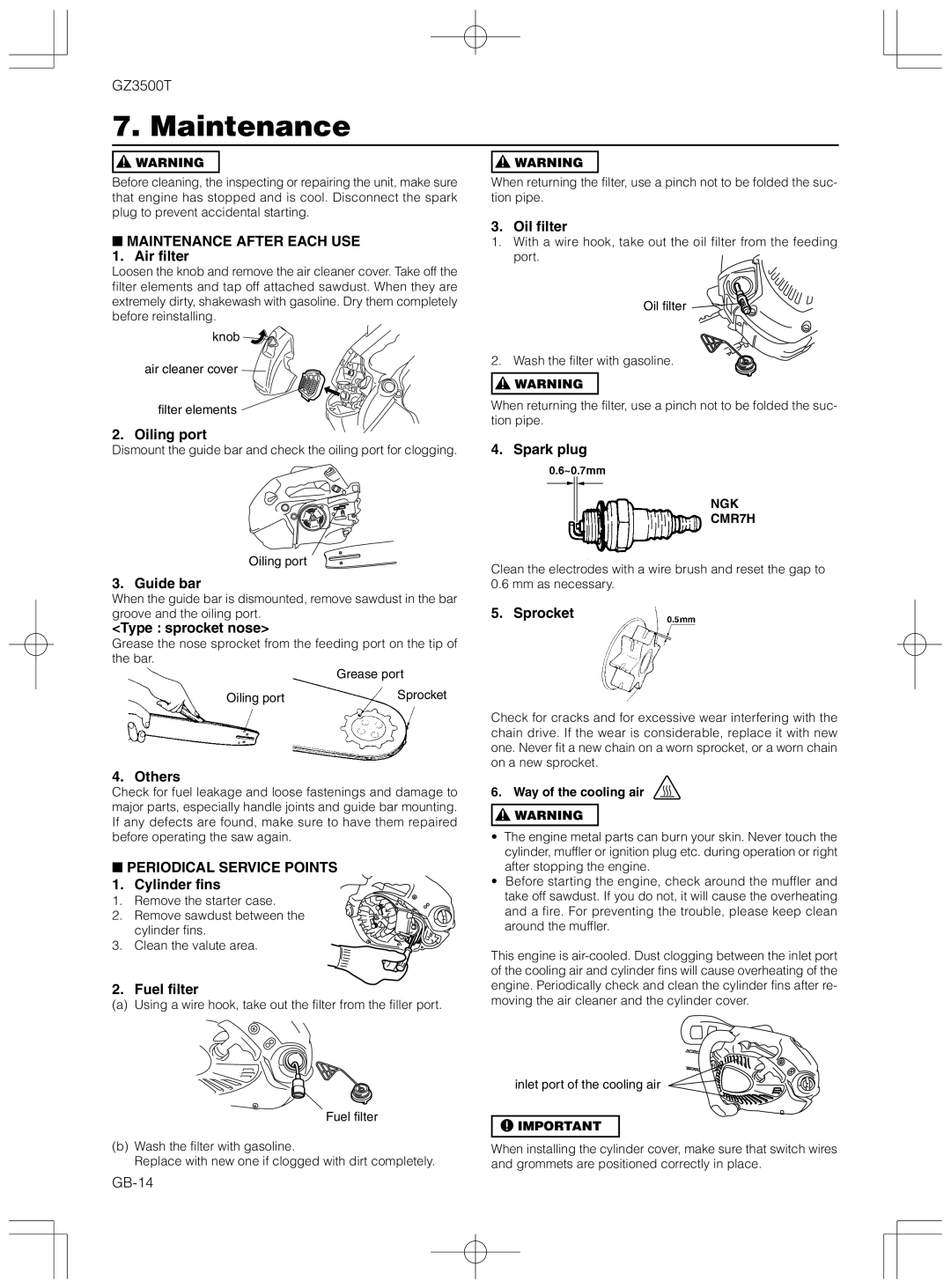 Zenoah GZ3500T owner manual Maintenance 