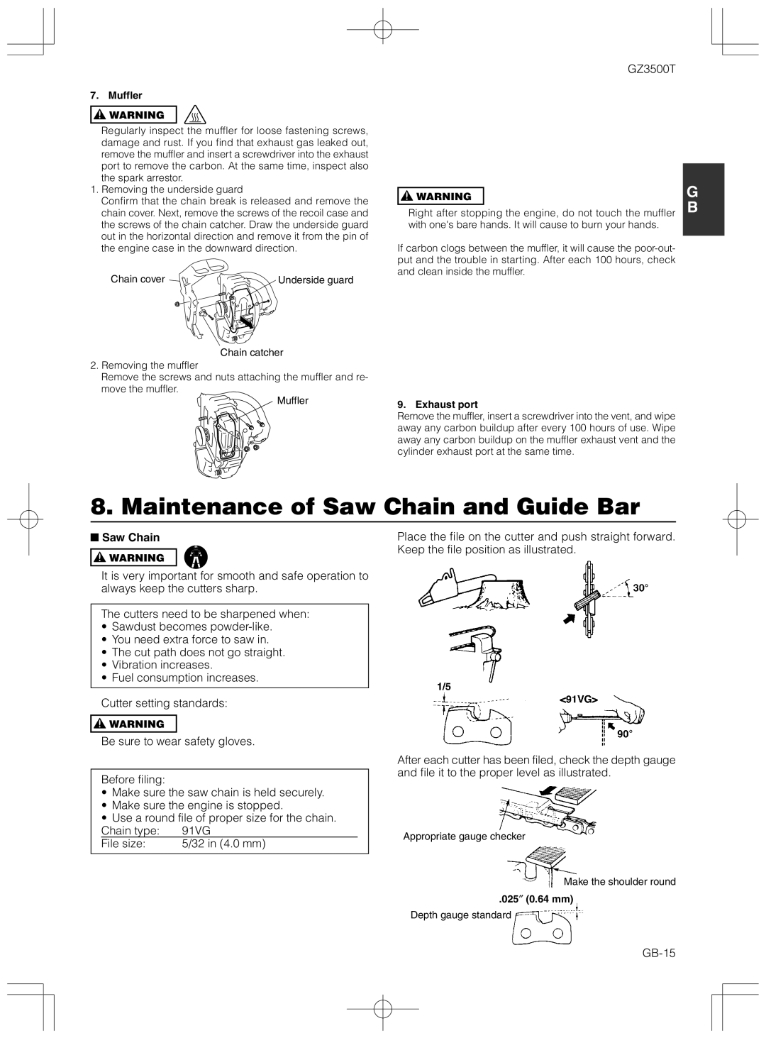 Zenoah GZ3500T owner manual Maintenance of Saw Chain and Guide Bar, GB-15 