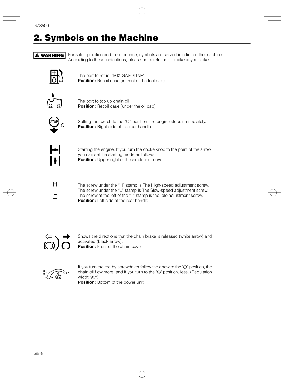 Zenoah GZ3500T owner manual Symbols on the Machine 