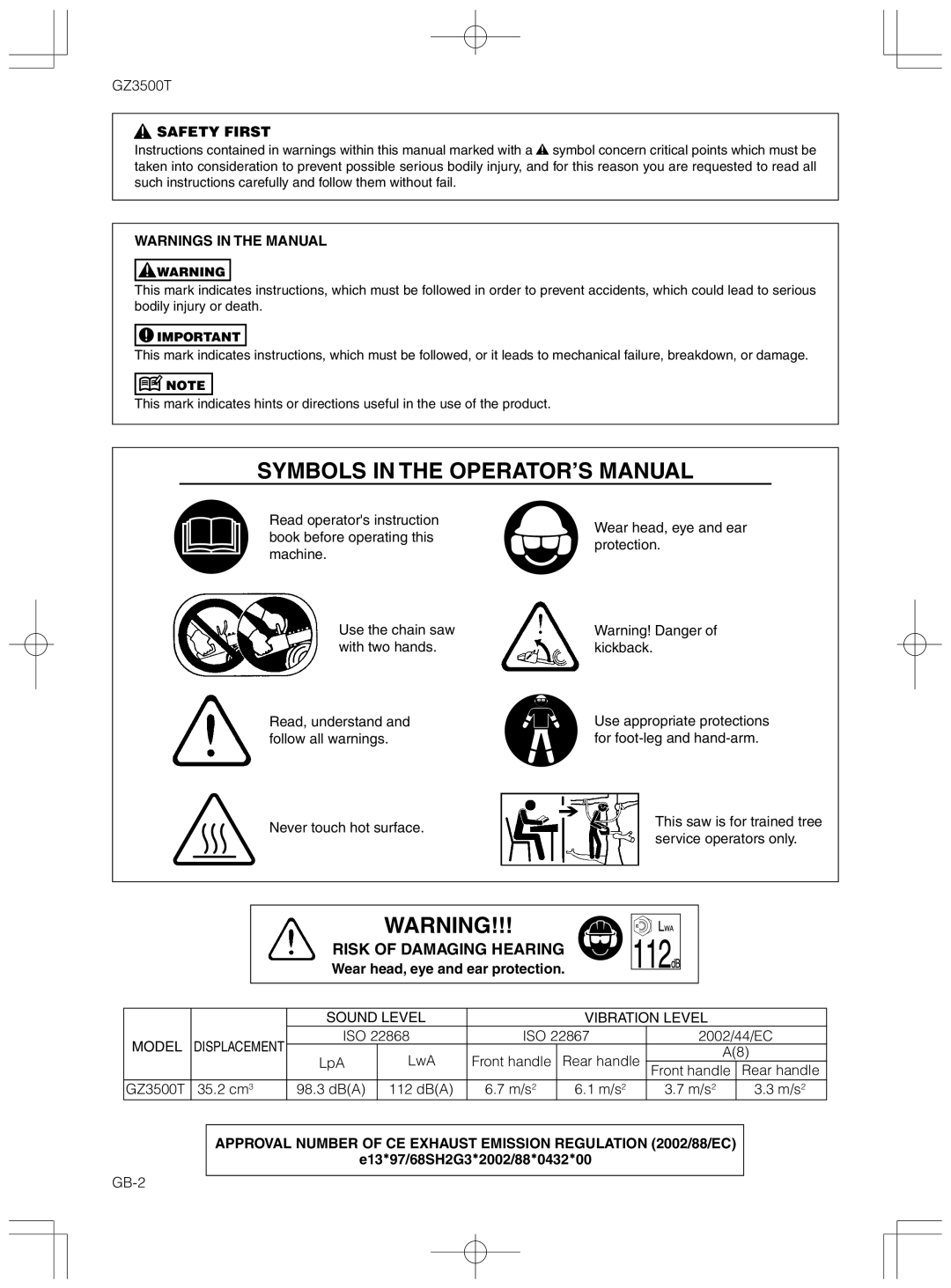 Zenoah GZ3500T Safety First, Warnings In The Manual, Wear head, eye and ear protection, e13*97/68SH2G3*2002/88*0432*00 