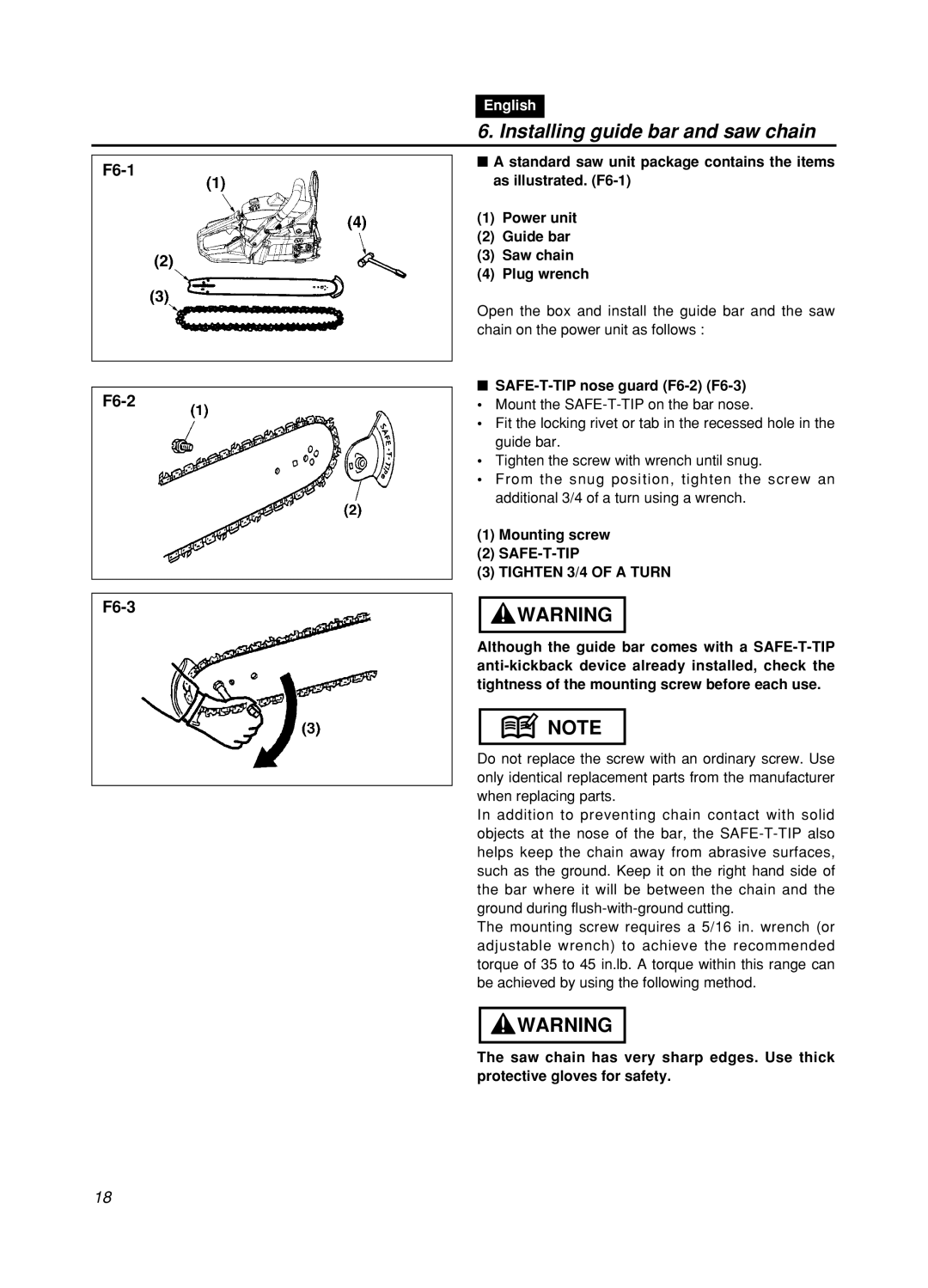 Zenoah GZ400 manual Installing guide bar and saw chain, SAFE-T-TIP nose guard F6-2 F6-3, Mounting screw 