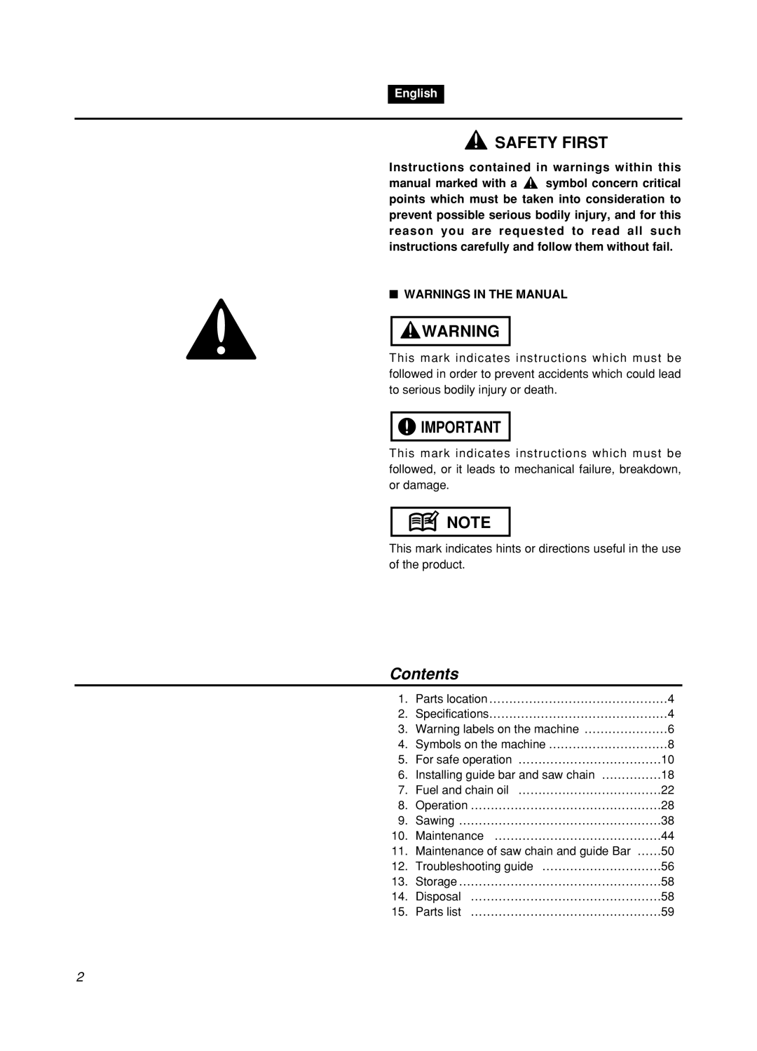 Zenoah GZ400 manual Contents 