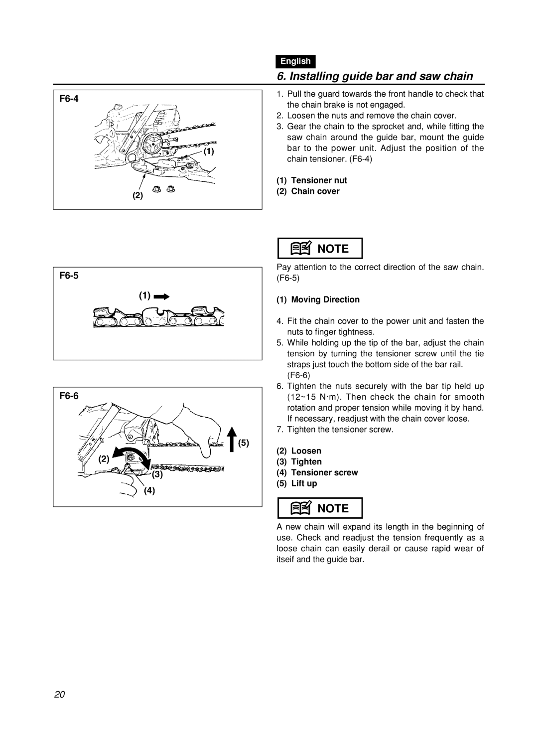 Zenoah GZ400 manual Tensioner nut Chain cover, Moving Direction, Loosen Tighten Tensioner screw Lift up 