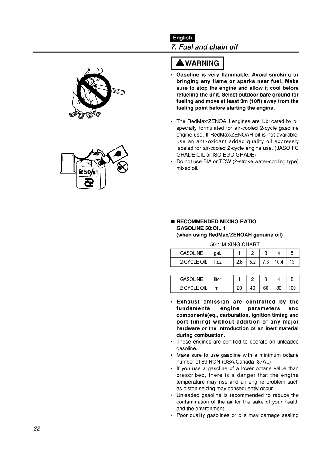 Zenoah GZ400 manual Fuel and chain oil, Recommended Mixing Ratio Gasoline 50OIL, When using RedMax/ZENOAH genuine oil 