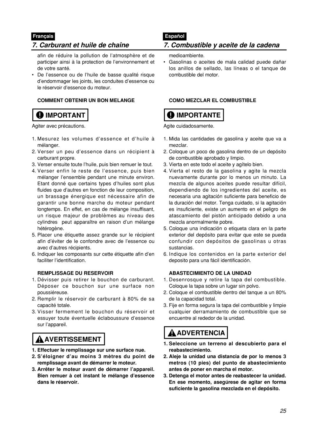 Zenoah GZ400 manual Comment Obtenir UN BON Melange Como Mezclar EL Combustible, Remplissage DU Reservoir 