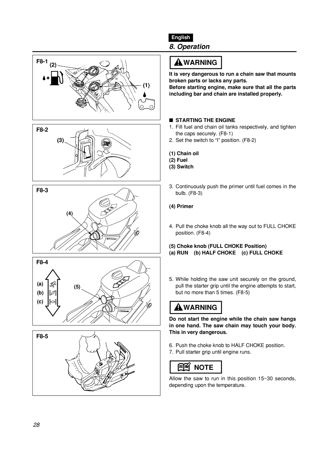 Zenoah GZ400 manual Operation, Starting the Engine, Chain oil Fuel Switch, Primer 