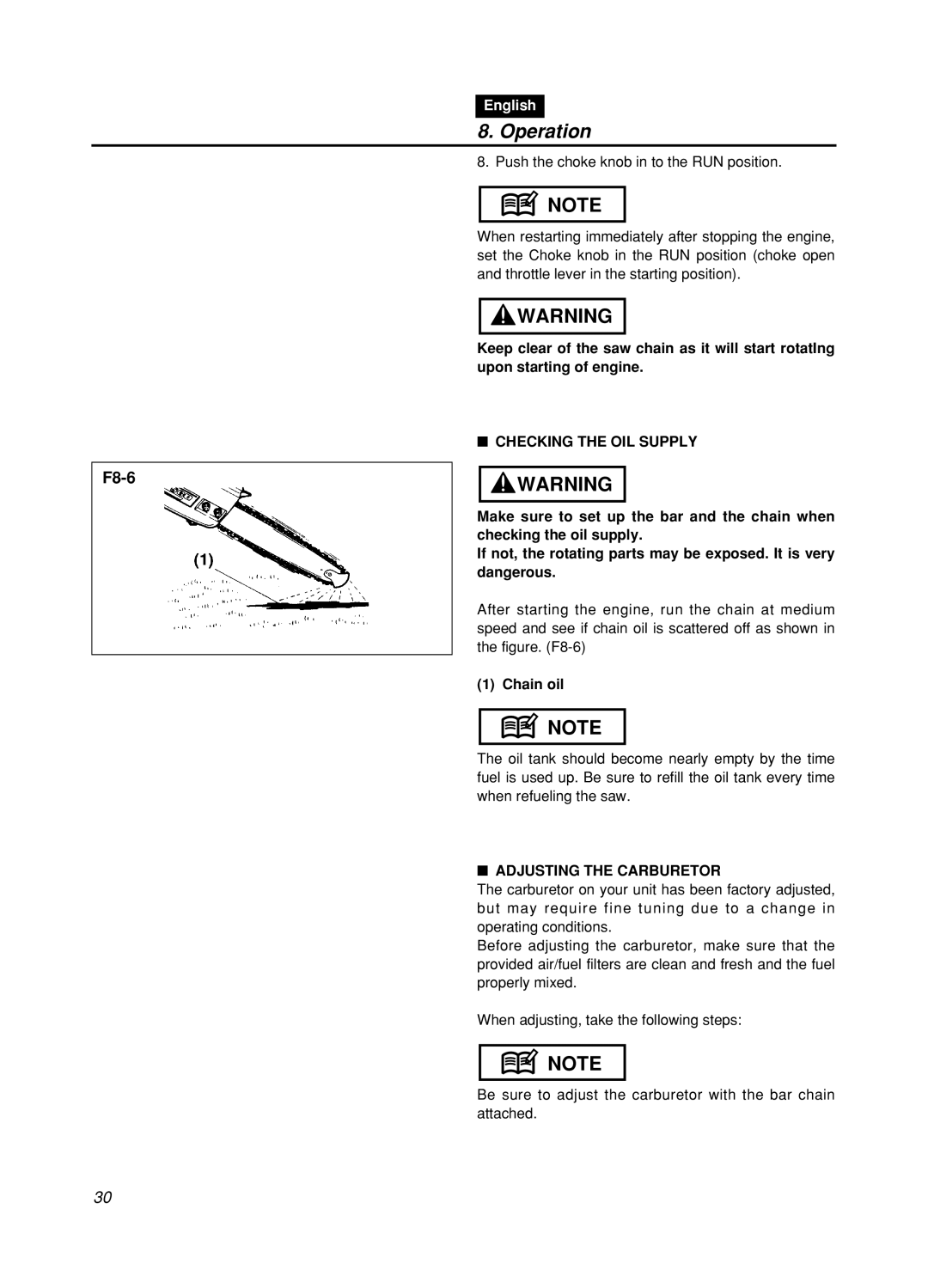 Zenoah GZ400 manual Checking the OIL Supply, Chain oil, Adjusting the Carburetor 