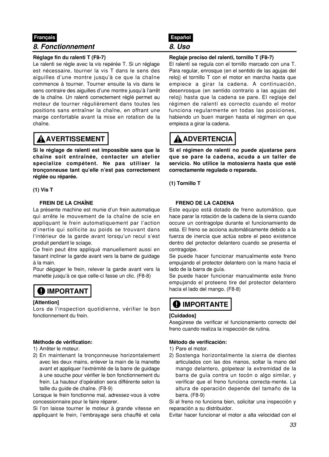 Zenoah GZ400 manual Frein DE LA Chaîne, Freno DE LA Cadena 