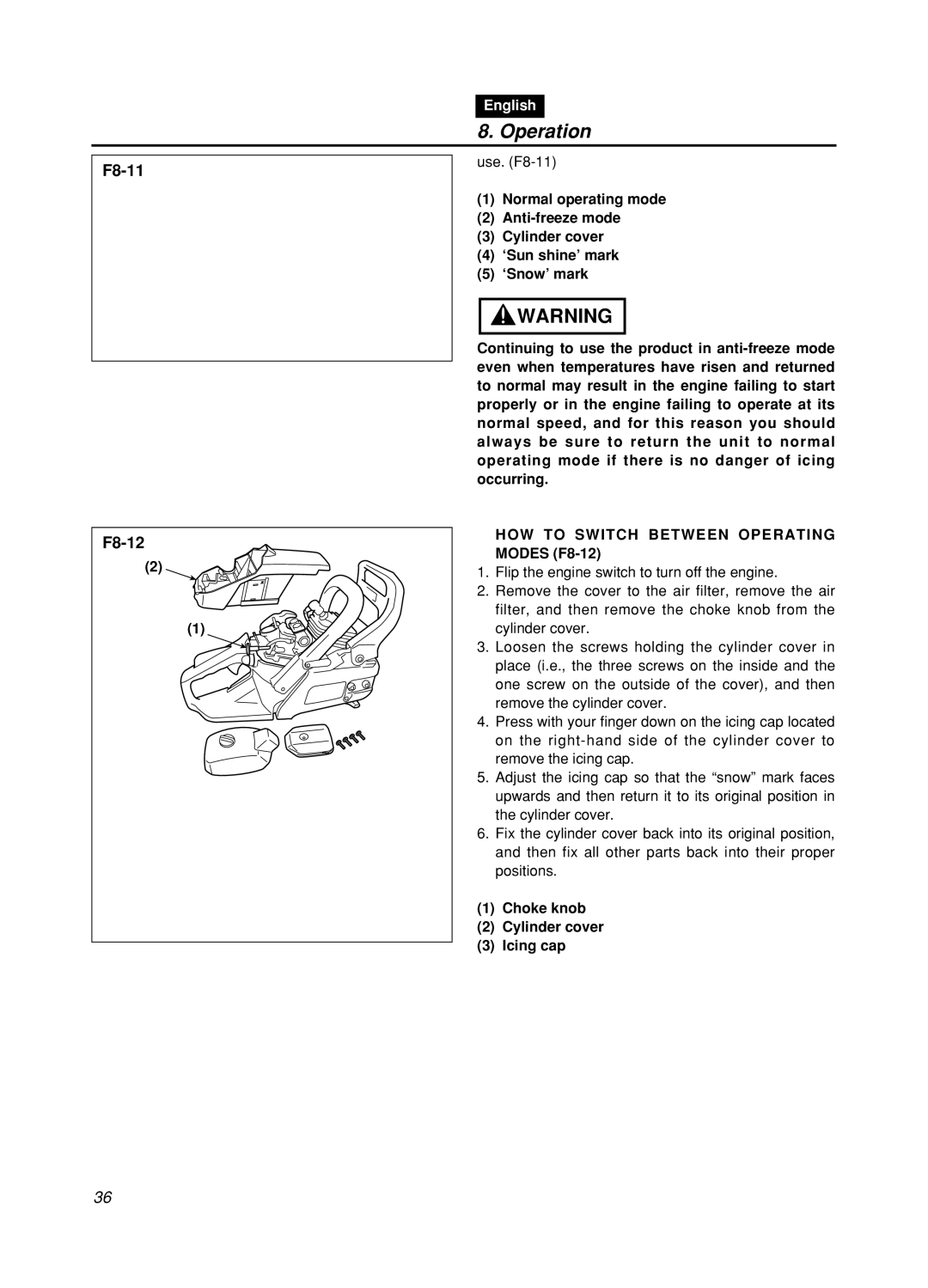 Zenoah GZ400 manual HOW to Switch Between Operating, Modes F8-12, Choke knob Cylinder cover Icing cap 