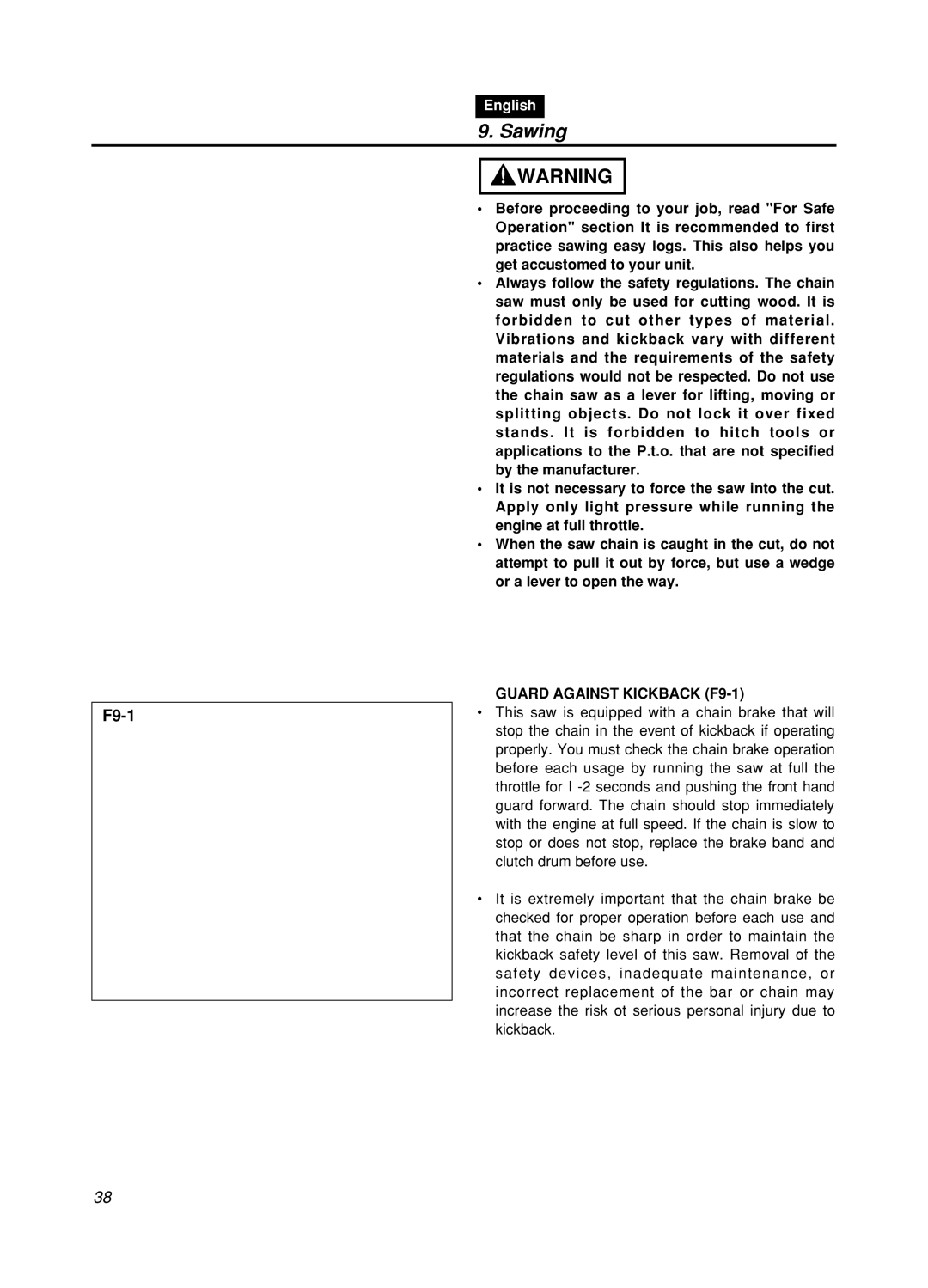 Zenoah GZ400 manual Sawing, Guard Against Kickback F9-1 