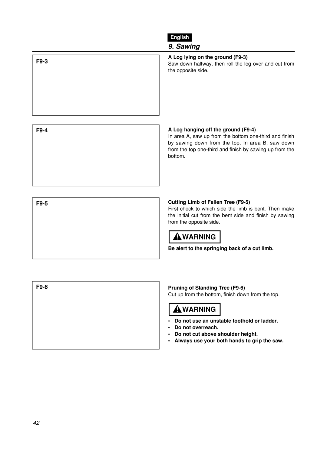 Zenoah GZ400 manual Log lying on the ground F9-3, Log hanging off the ground F9-4, Cutting Limb of Fallen Tree F9-5 