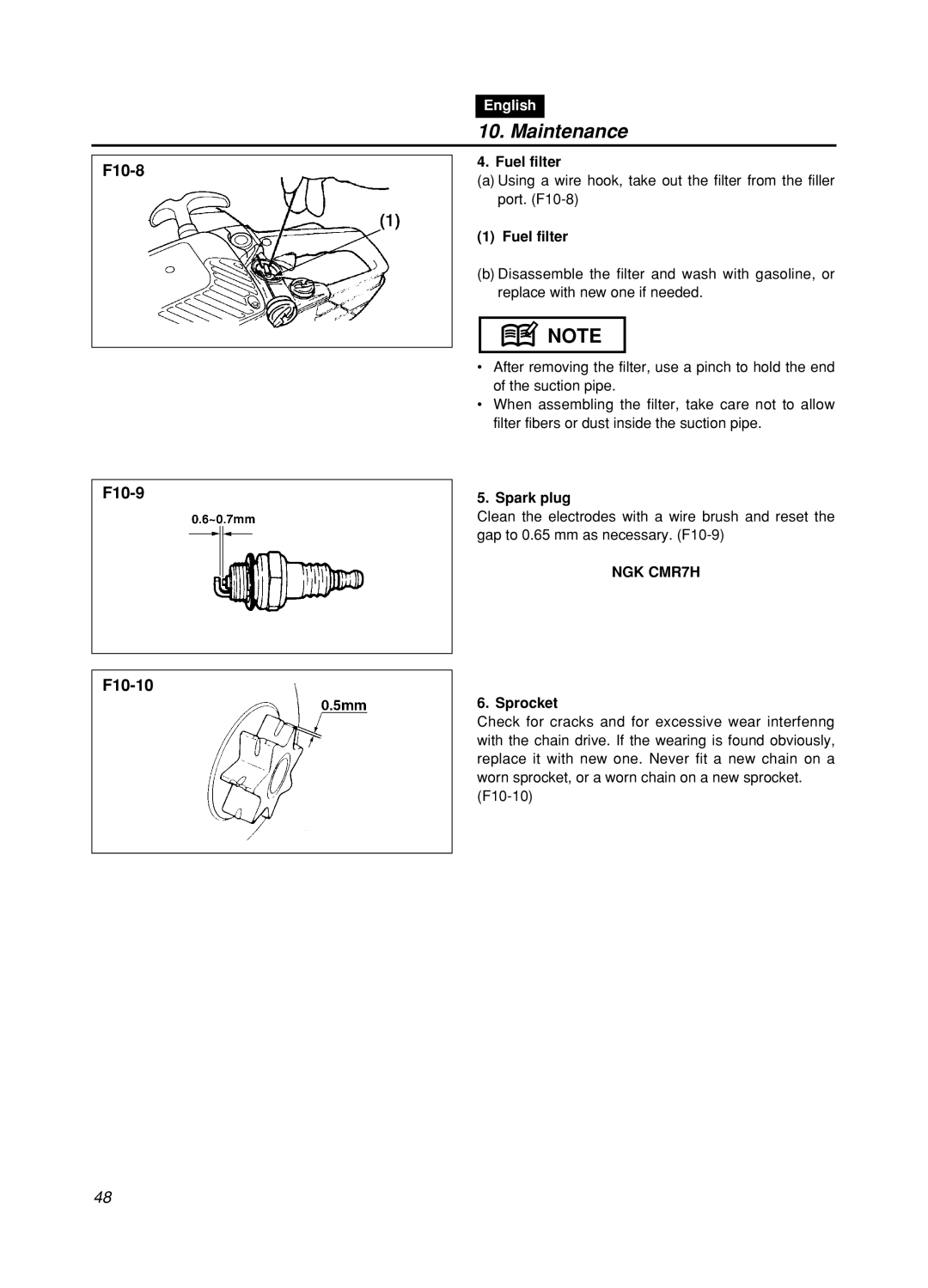 Zenoah GZ400 manual Fuel filter, Spark plug, NGK CMR7H, Sprocket 