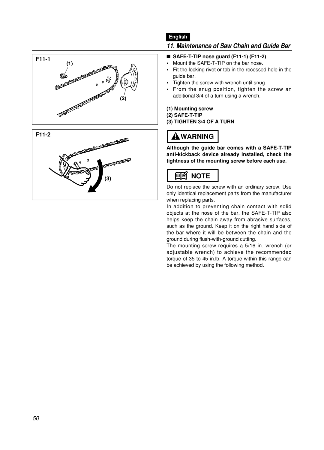 Zenoah GZ400 manual Maintenance of Saw Chain and Guide Bar, SAFE-T-TIP nose guard F11-1 F11-2 