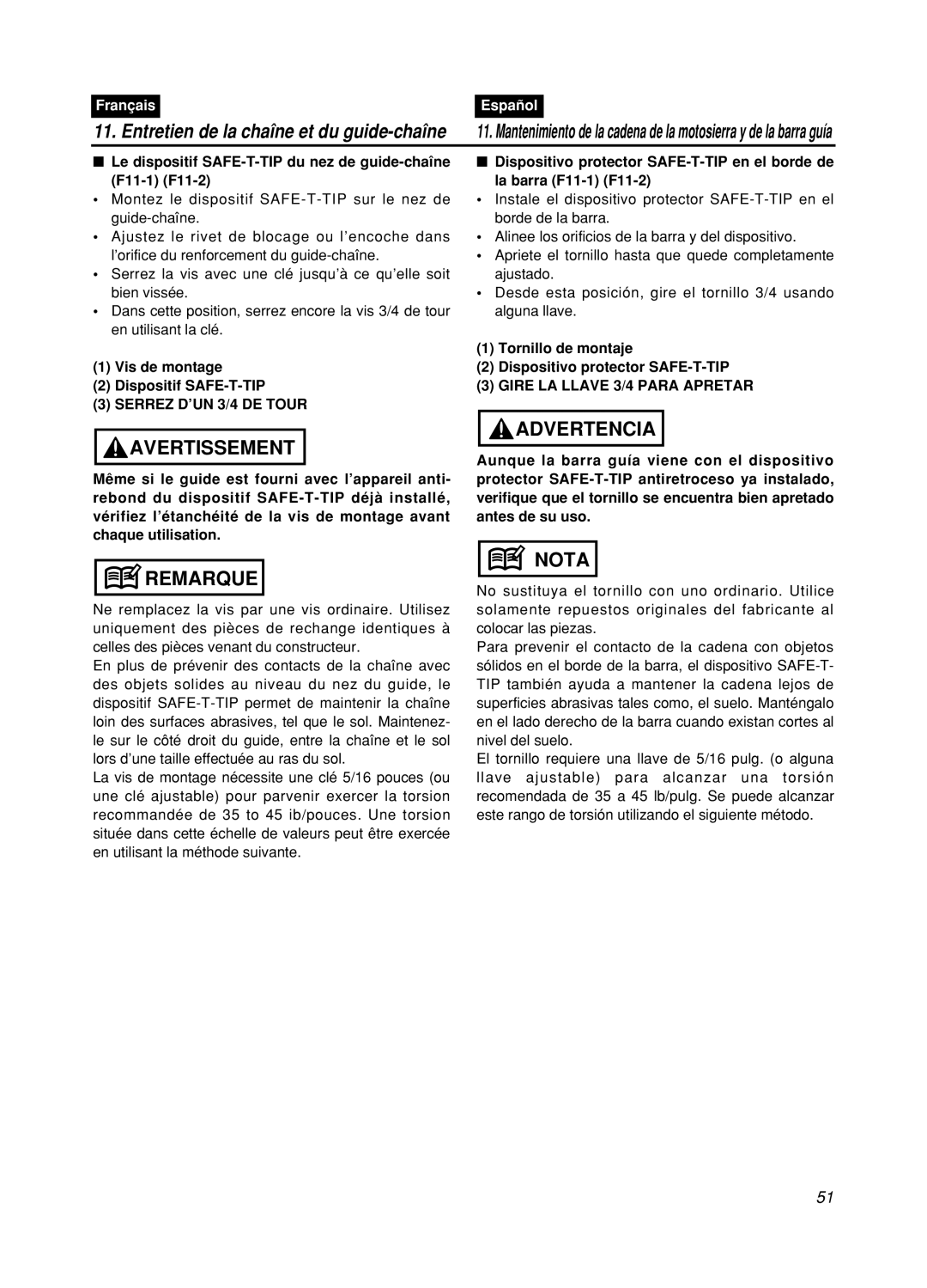 Zenoah GZ400 manual Entretien de la chaîne et du guide-chaîne 