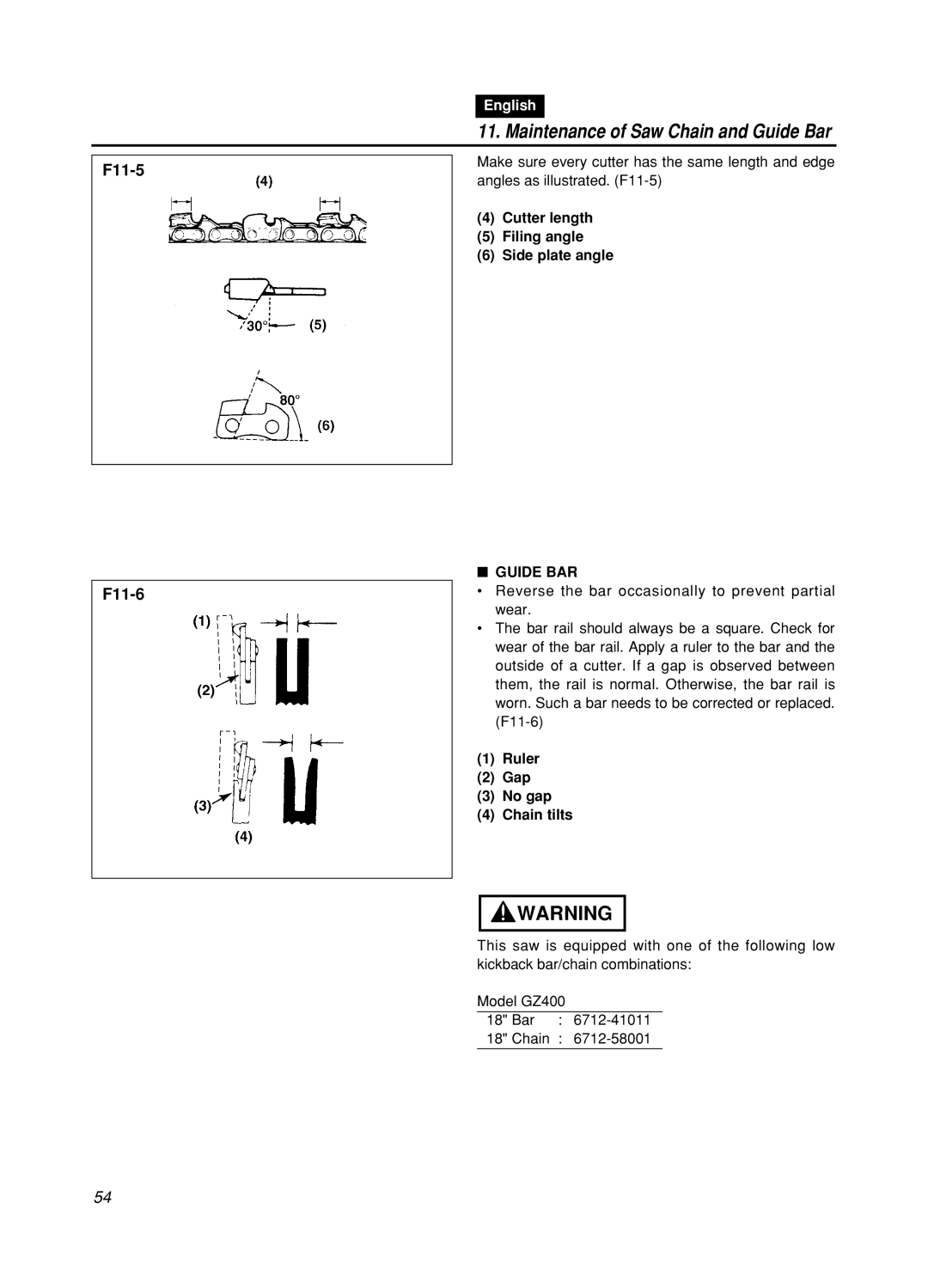 Zenoah GZ400 manual Cutter length Filing angle Side plate angle, Guide BAR, Ruler Gap No gap Chain tilts 