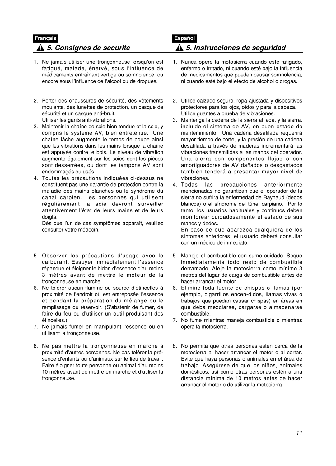 Zenoah GZ400 manual Consignes de securite, Instrucciones de seguridad, Français, Español 