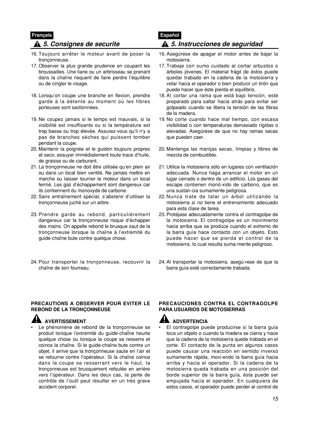 Zenoah GZ400 manual Consignes de securite, Instrucciones de seguridad, Français, Español, Avertissement, Advertencia 