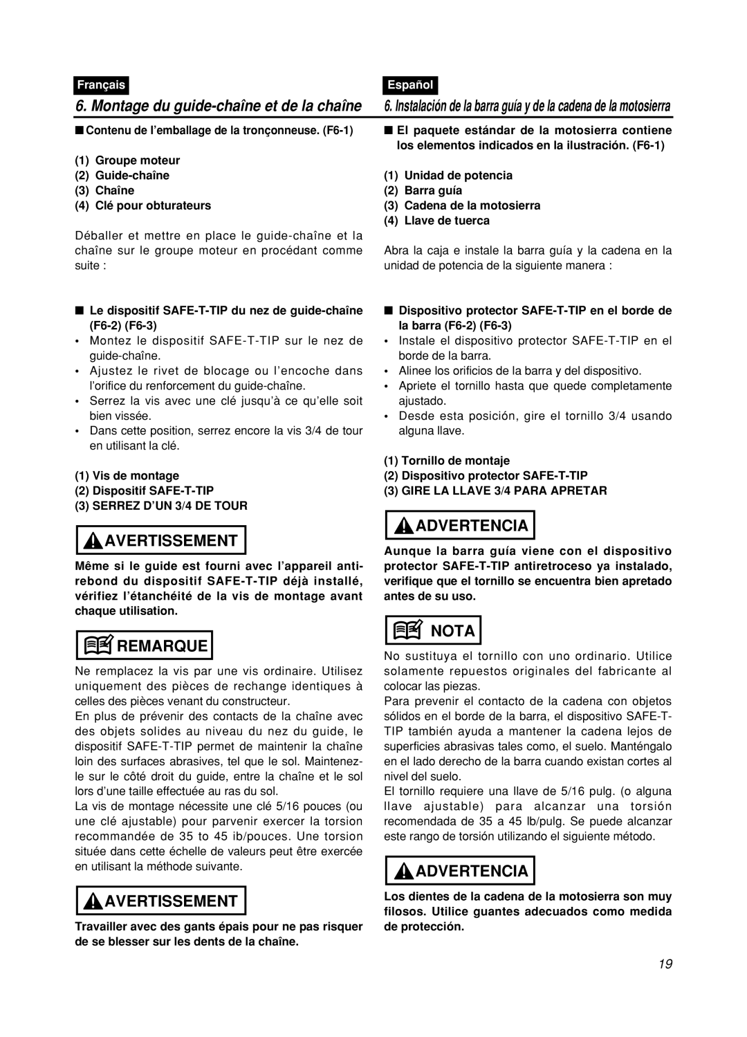 Zenoah GZ400 manual Montage du guide-chaîne et de la chaîne, Avertissement, Remarque, Advertencia, Nota, Français, Español 