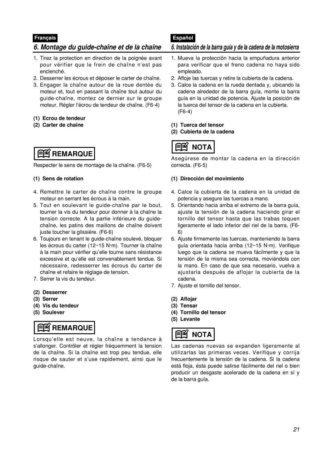 Zenoah GZ400 manual Remarque, Nota, Montage du guide-chaîne et de la chaîne, Français, Español 