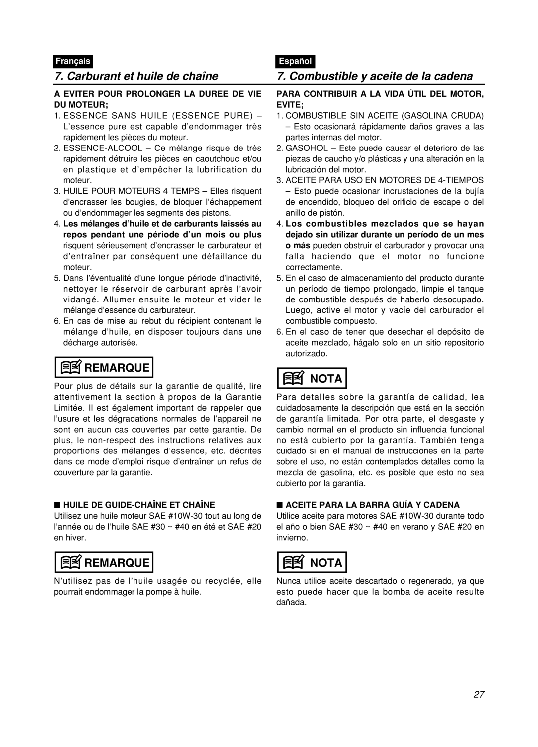 Zenoah GZ400 manual Carburant et huile de chaîne, Combustible y aceite de la cadena, Remarque, Nota, Français, Español 