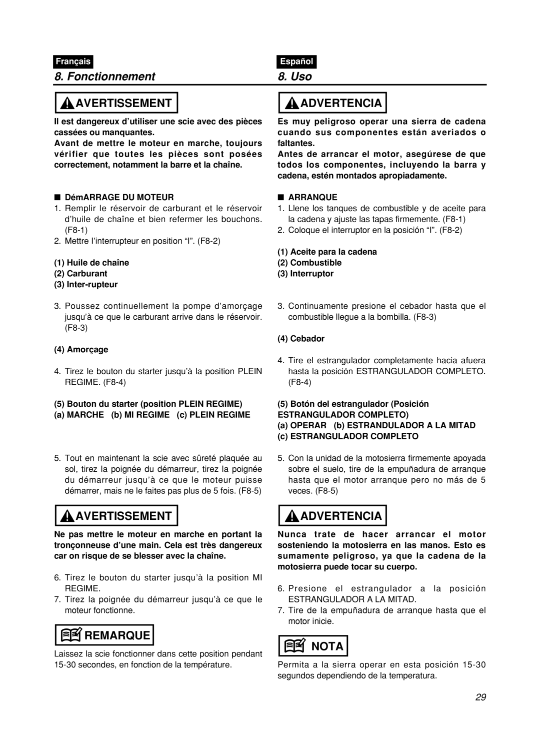 Zenoah GZ400 manual Fonctionnement, Uso, Avertissement, Advertencia, Remarque, Nota, Français, Español 