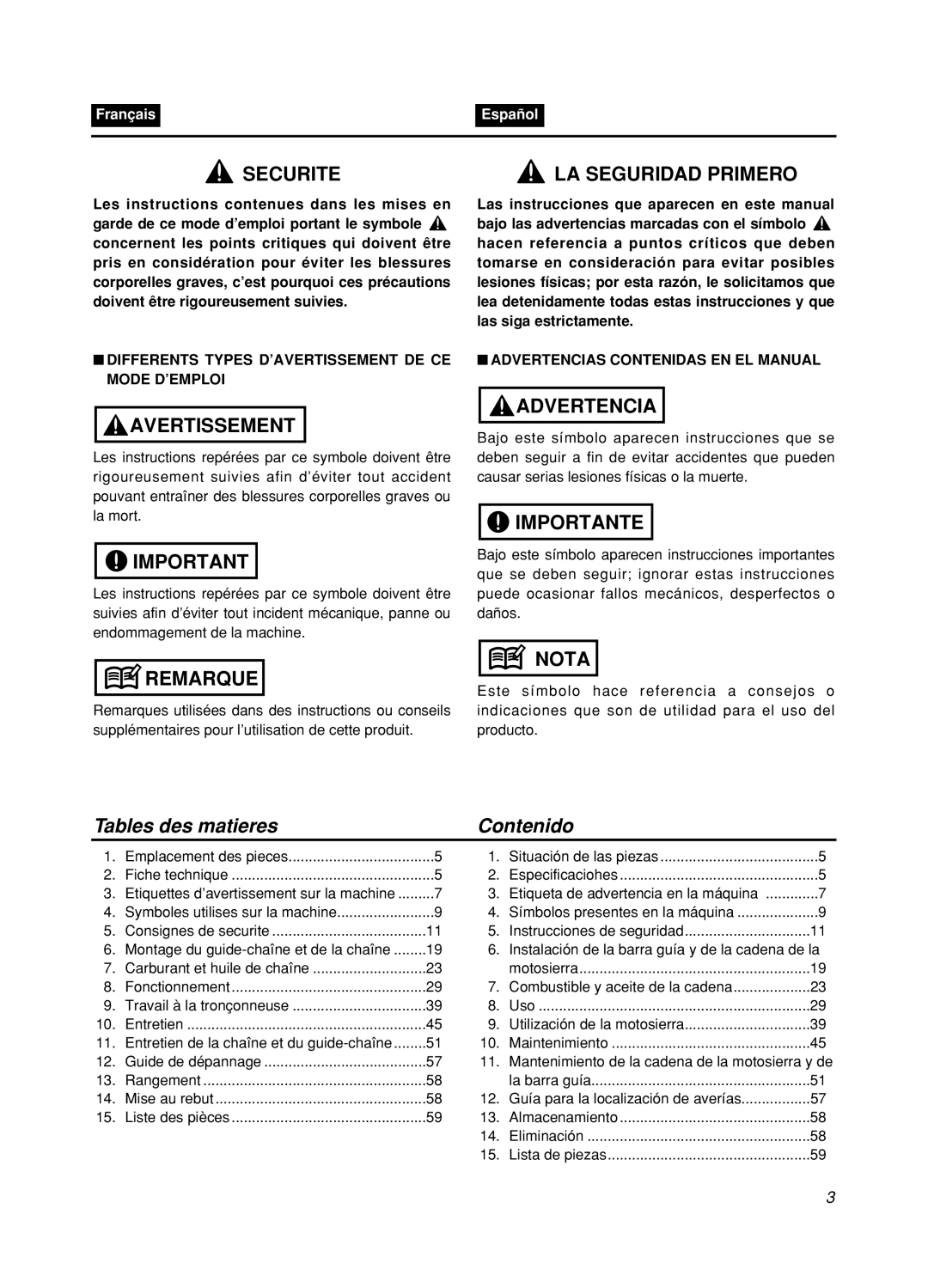 Zenoah GZ400 manual Securite, Avertissement, Remarque, Advertencia, Importante, Nota, Tables des matieres, Contenido 