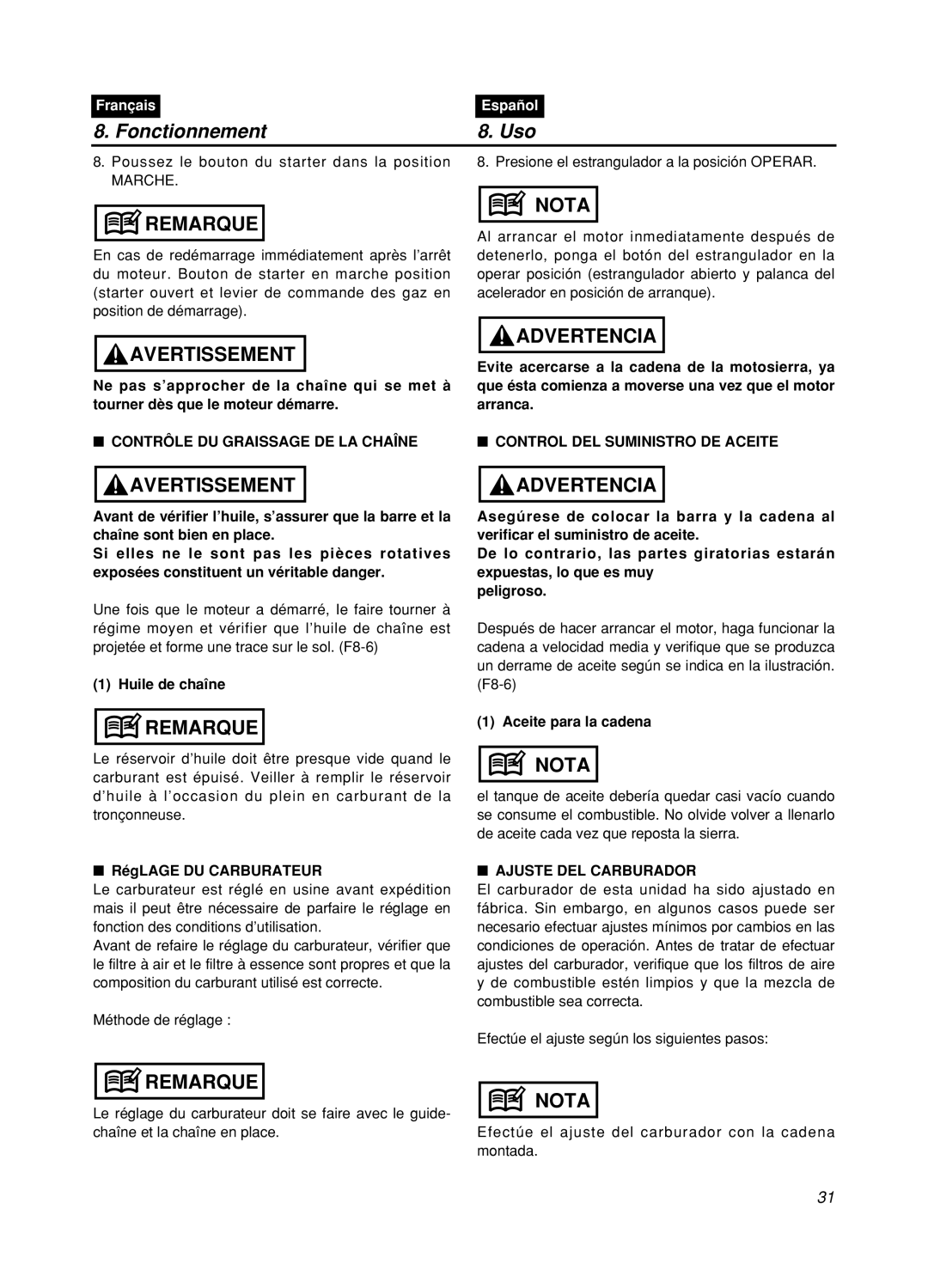 Zenoah GZ400 manual Fonctionnement, Uso, Remarque, Avertissement, Nota, Advertencia 