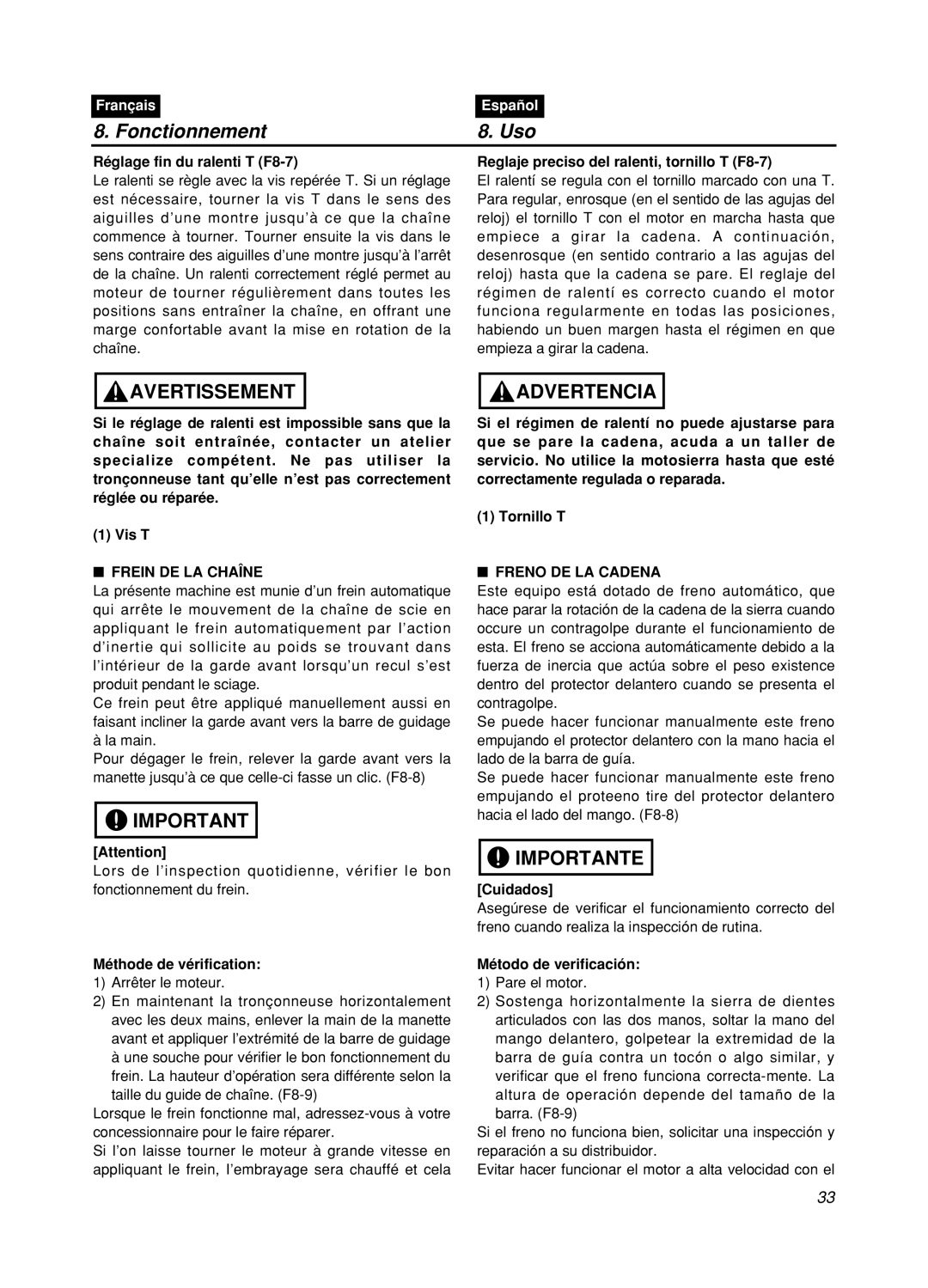 Zenoah GZ400 manual Fonctionnement, Uso, Avertissement, Advertencia, Importante, Français, Español 