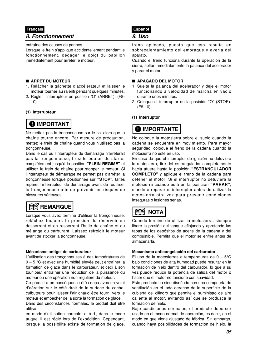 Zenoah GZ400 manual Fonctionnement, Uso, Remarque, Importante, Nota, Français, Español 