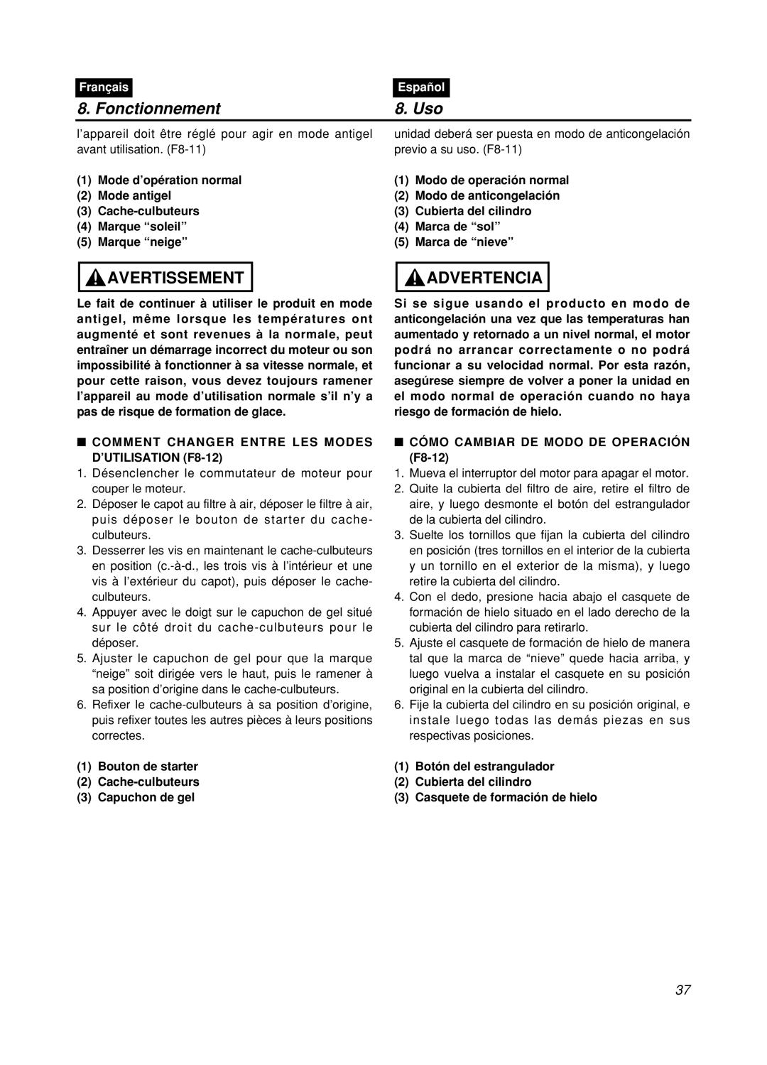 Zenoah GZ400 manual Fonctionnement, Uso, Avertissement, Advertencia, Français, Español 