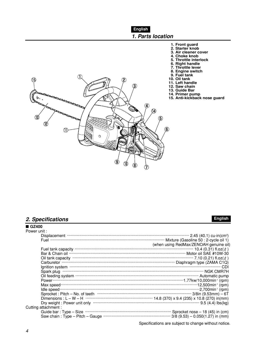Zenoah GZ400 manual Parts location, Specifications, English 